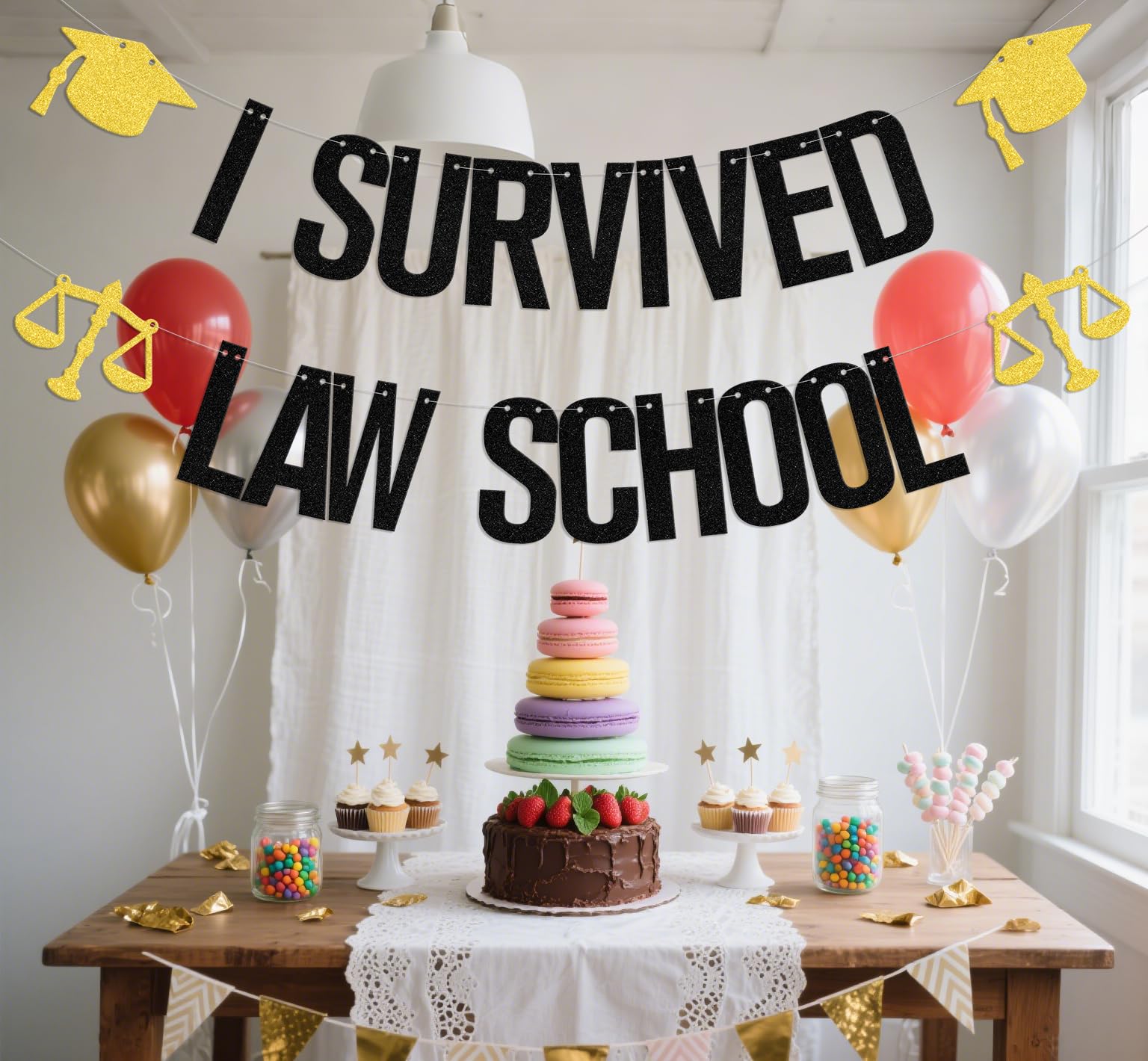 I Survived Law School Banner Congrats Grad Party Decorations for Lawyer Lawyer Graduation Party Supplies Black Gold - Image 4