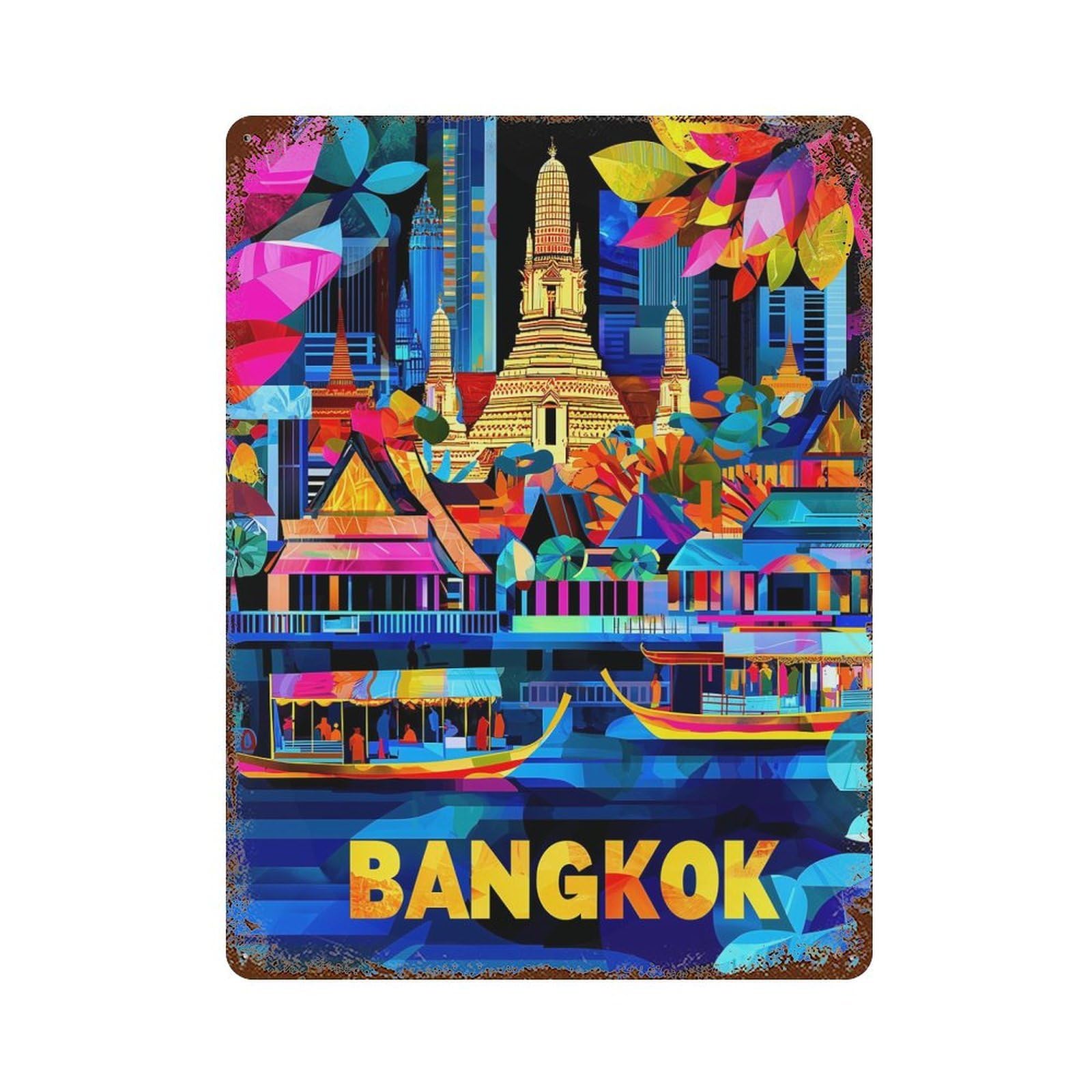 Garage Style Colorful Bangkok Cityscape Vibrant Skyline Decorative Tin Sign 15.7"x11.8", Farmhouse Wall Decor for Bar And Workshop
