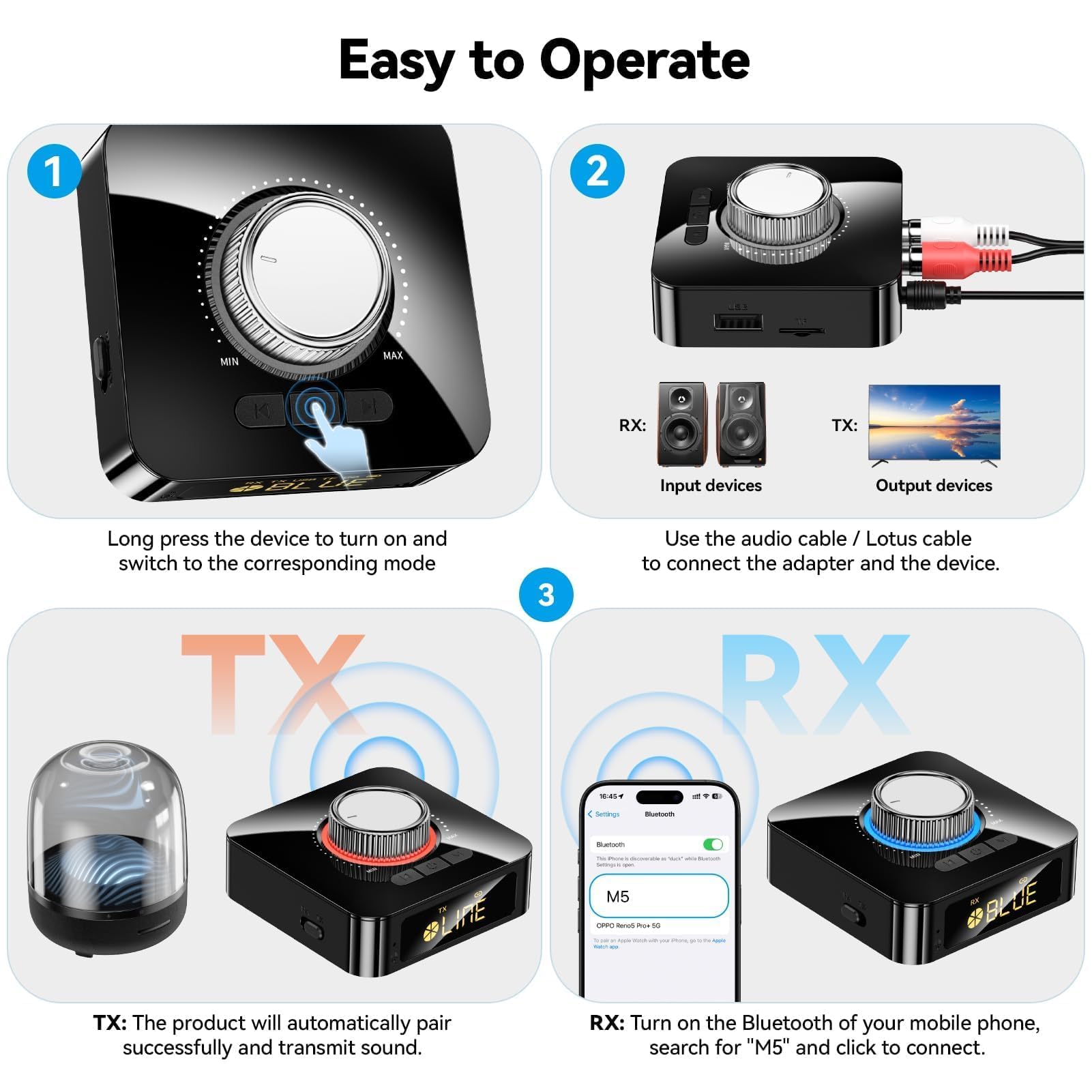 GlasFlength Adapter Bluetooth stereo, odbiornik Bluetooth 5,4 z kablem AUX 3,5 mm RCA Low Latency 49 ft, HiFi Bluetooth Audio Receiver do TV/głośnika/komputera stacjonarnego/projektorów
