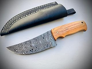 Wilson Roy Custom Handmade Damascus Steel Full Tang Camping Knife - Exquisite Olive wood Handle with Leather Sheath /KG06