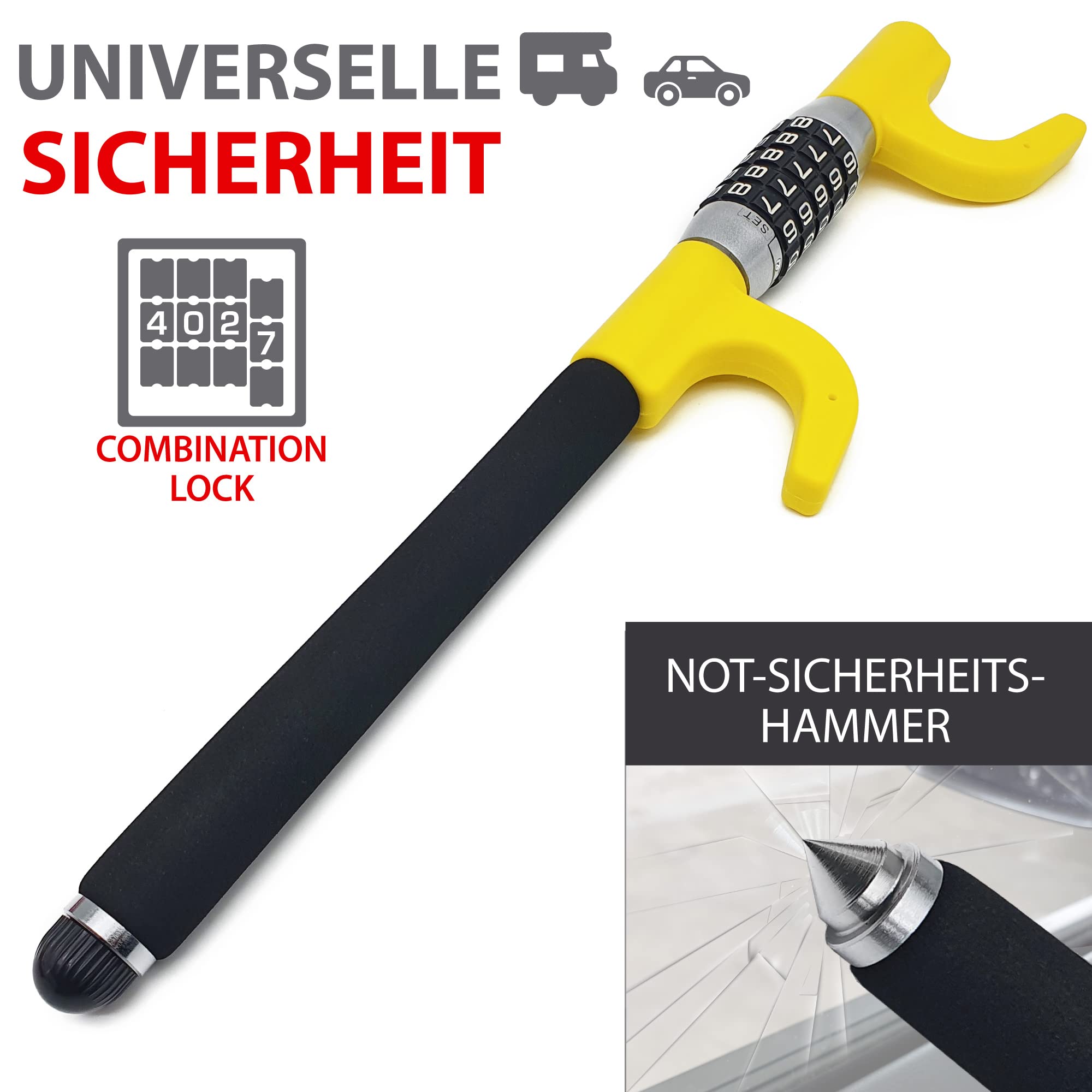 KRASER KR940B Lenkradkralle mit Zahlenschloss Maximale Sicherheit, Robust Lenkradschloss mit Nothammer, Lenkradsperre Wohnmobil, Universal Wegfahrsperre Diebstahlsicherung für Auto PKW