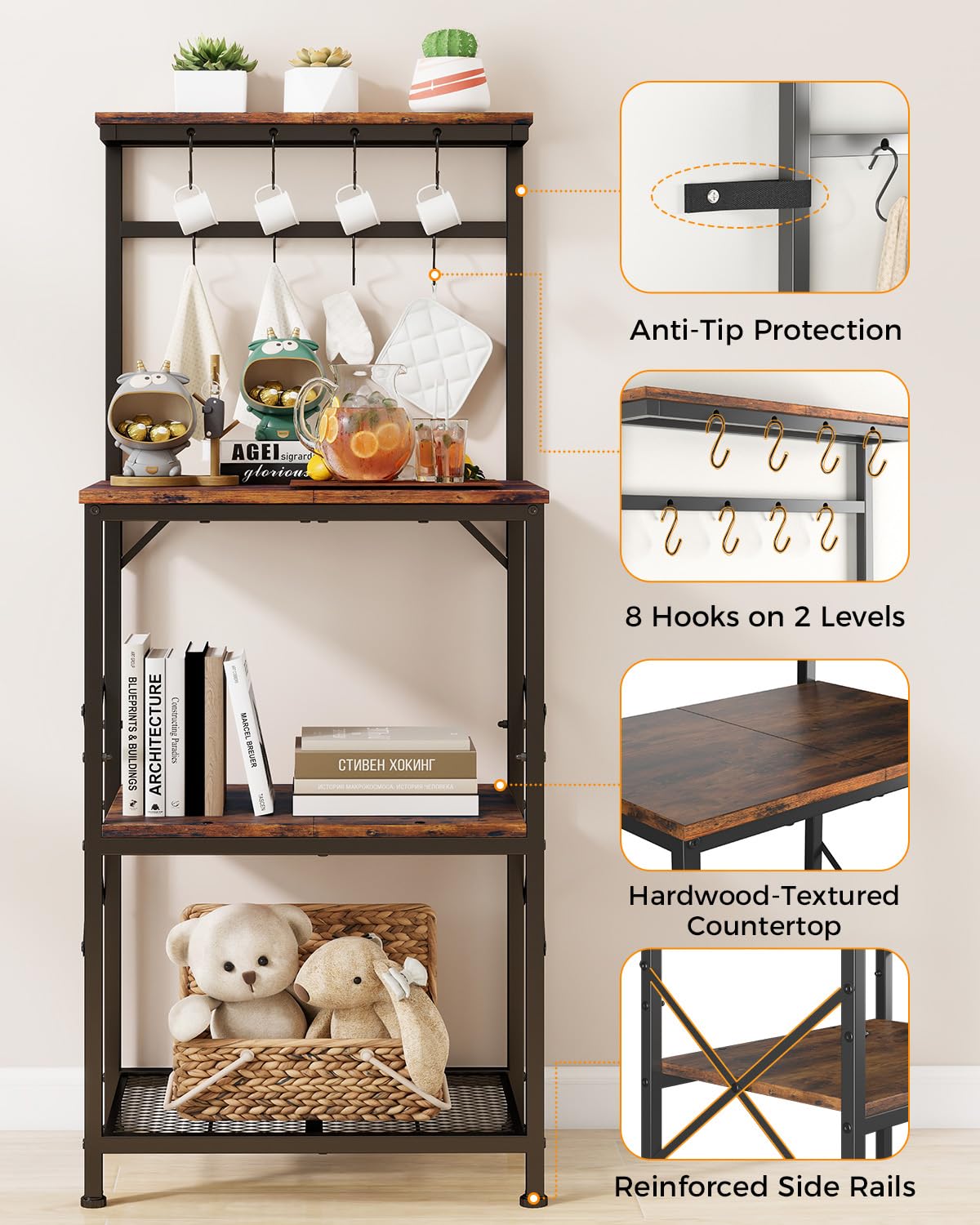 COMHOMA Scaffalatura,Scaffale Cucina,Scaffale a Piede,Scaffale per Microonde,Scaffale Spezie,Libreria con Protezione Anti-Ribaltamento,Mobile con 4 Ripiani,8 Ganzi a S,55x37x126cm,Marrone Vintage
