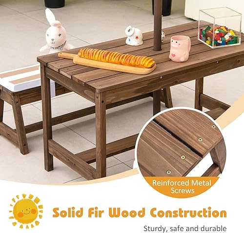 Miniatura 7 de Costzon - Mesa de picnic para niños, juego de mesa y silla de madera para niños con cojines, sombrilla de altura ajustable, juego de muebles de