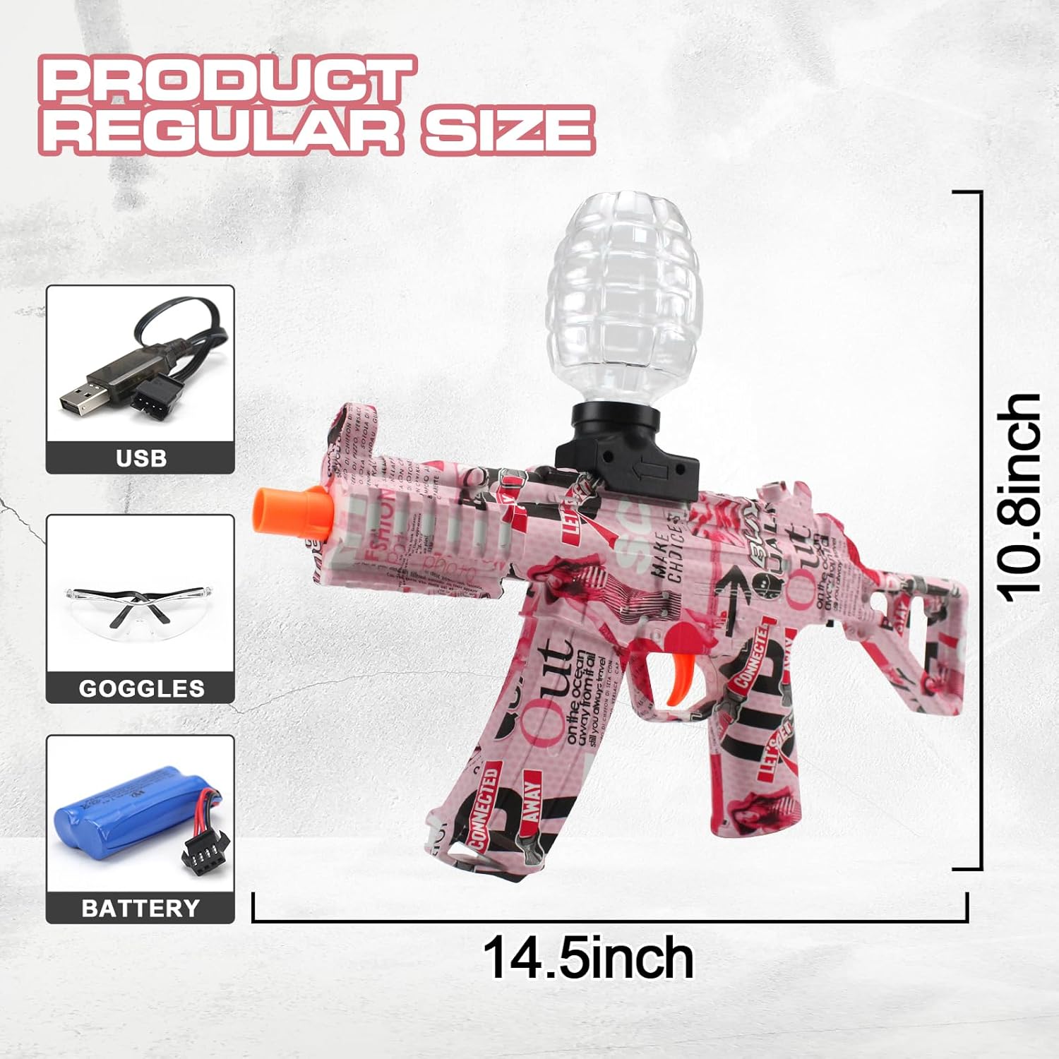 BIU BLASTER Gel Ball Blaster Pink Graffiti Electric Splatter Blaster with Goggles Rechargeable 7.4V 500mAh Battery for 14+ Ages