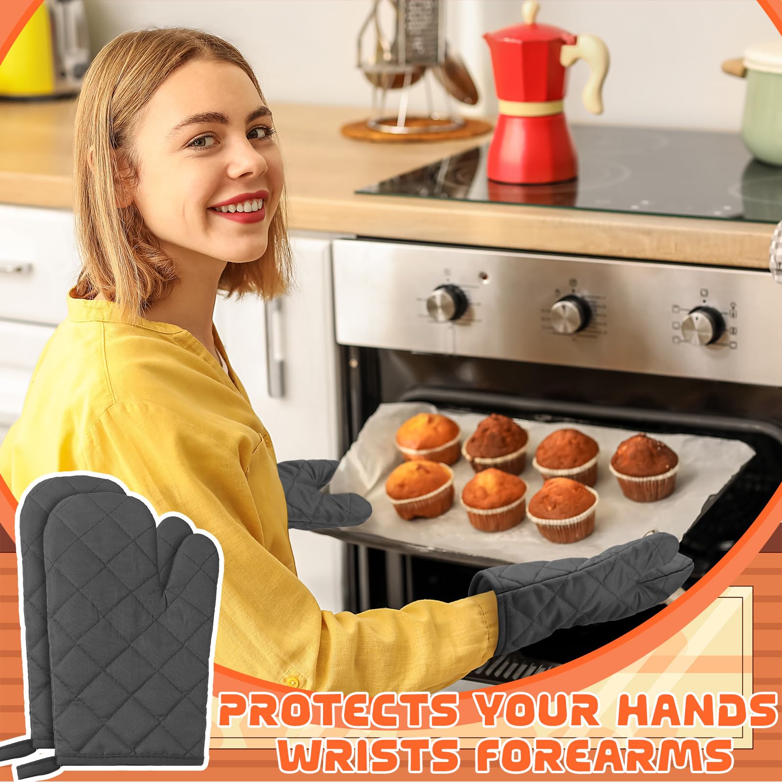 Lot de 6 paires de gants de cuisine résistants à la chaleur de 27,9 cm de long en coton et polyester matelassé pour cuisine, pâtisserie, barbecue, gris anthracite