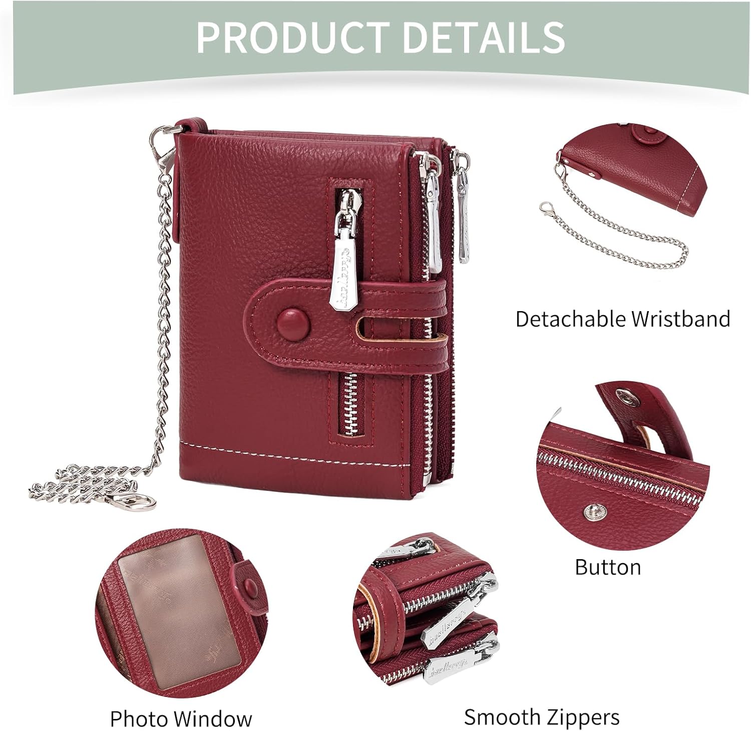 Small Women's Wallet Bifold Card Holder with 2 Zipper Coin Pockets Chain Wallet for Women Soft Leather - Image 4