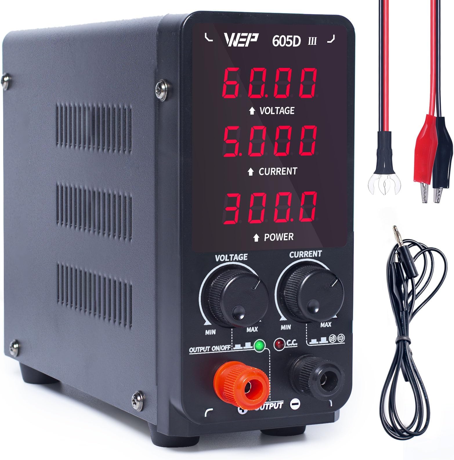 WEP 605D-III DC Power Supply Variable 60V 5A Regulated DC Lab Power Supply Precision Bench Adjustable Power Supply with Alligator Clips, Reads 00.01V & 0.001A