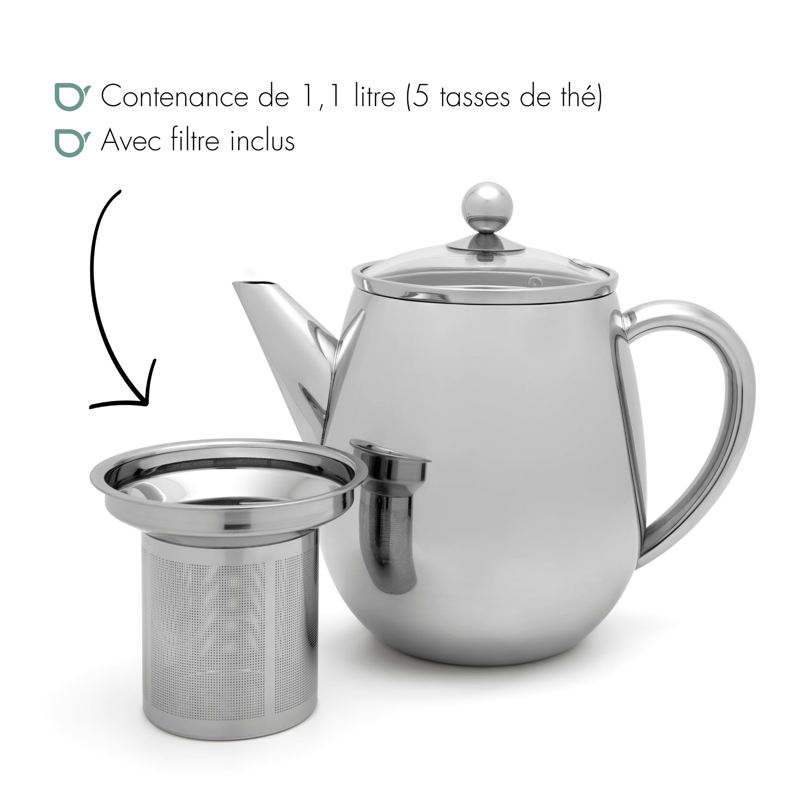 Bredemeijer Theiere Avec Infuseur, Filtre à Thé Inox, 1,1 Litres - Argent | Théière avec Infuseur Double Paroi, Théière Isotherme 1h, Couvercle en Verre, Filtre à Thé et Bec Anti-Goutte