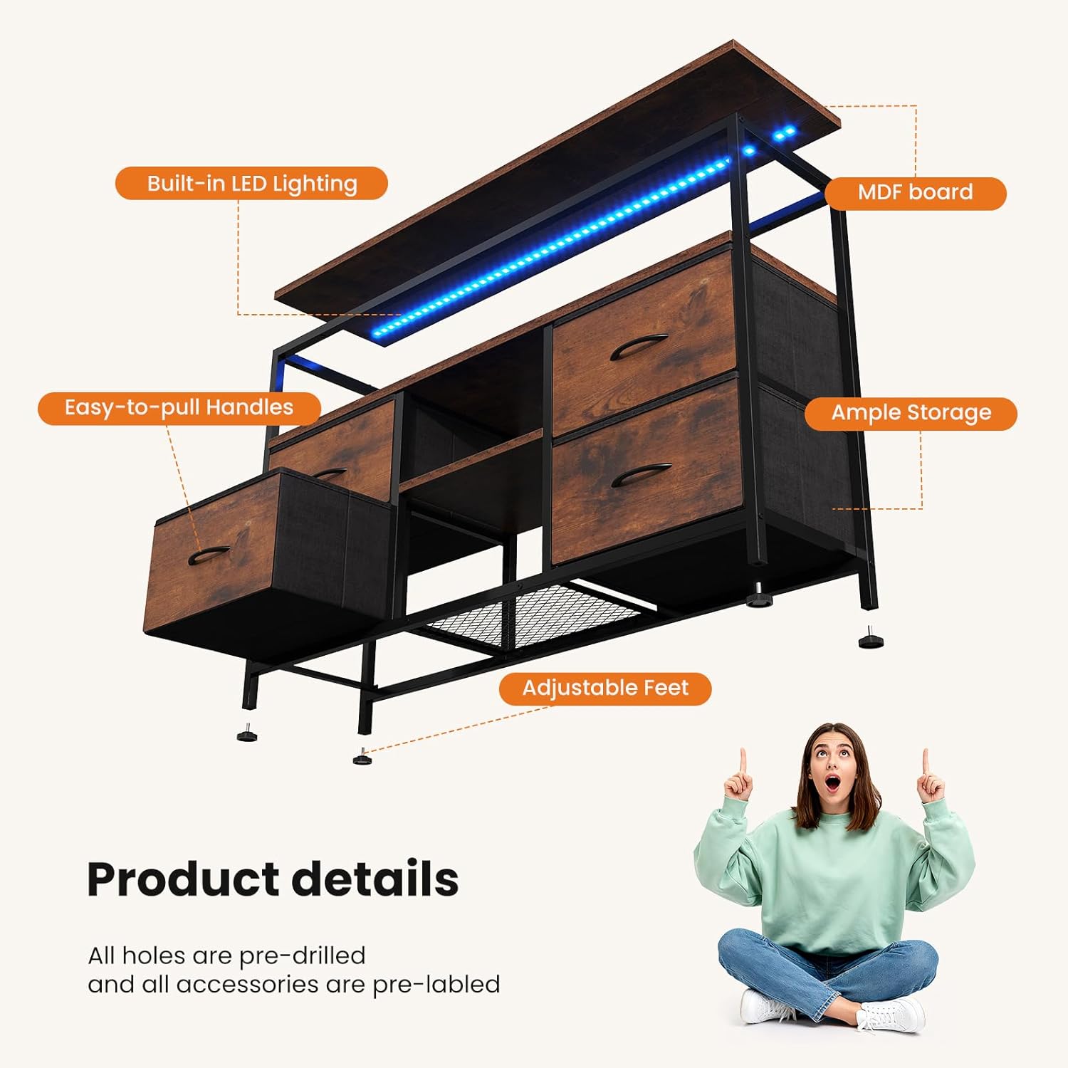 Sweetcrispy TV Stand Dresser for Bedroom 4 Drawers Entertainment Center with LED Lights and Power Outlets Media Console for 50 Inch TV Living Room Furniture with Open Shelf Adjustable Feet, Brown