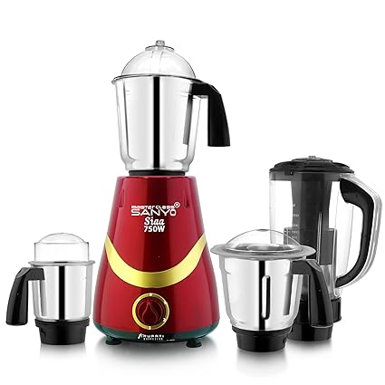 MasterClass Sanyo Latest New Model SIAA 750-Watts Mixer Grinder with 3 Stainless Steel Jars and 1 ABS Juicer Jar 4R(Dry Jar, Chutney Jar, Liquid, Juicer Jar) Red-Gold