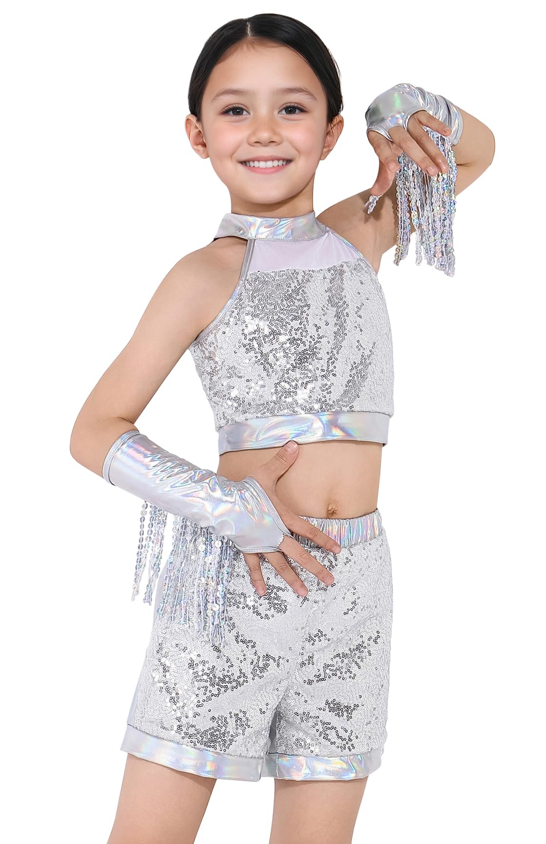 Happy Cherry Girls Latin Crop Top and Shorts Set with Arm Sleeves 3 Piece Sleeveless Tassels Dancewear Samba Rumba Jazz Cha Cha Dance Costume