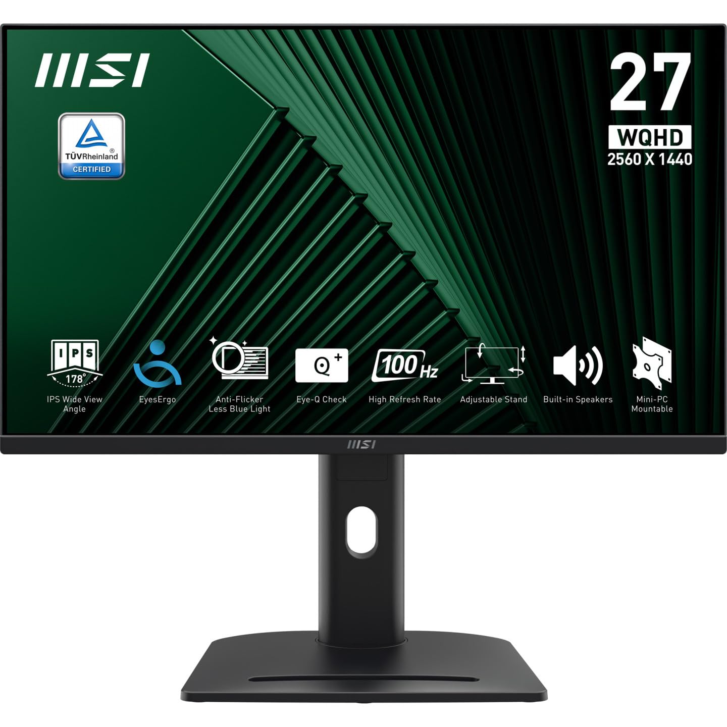 MSI Pro MP275QPG Monitor Profesional WQHD de 27", Panel IPS de 2560 x 1440, 100 Hz, Montaje VESA, adaptative Sync, Ajustable en 4 direcciones, HDMI 2.0b, Negro