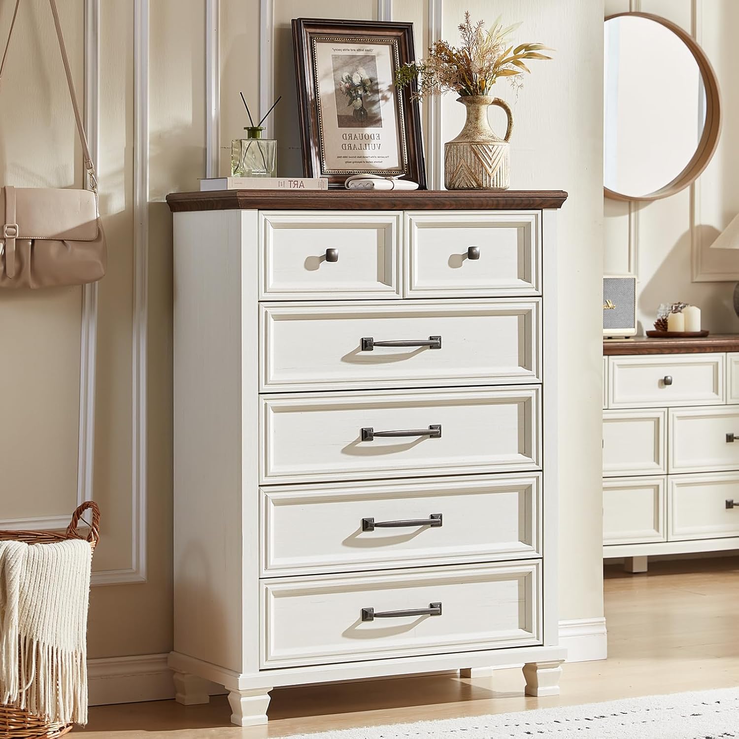 SAVOR LIFE Farmhouse 6 Drawer Dresser for Bedroom, 45 Inch Tall Vintage Wood Chest of Drawers, Rustic Dressers w/Square Wooden Legs, Mid-Century Storage Organizer for Living Room, Hallway, White
