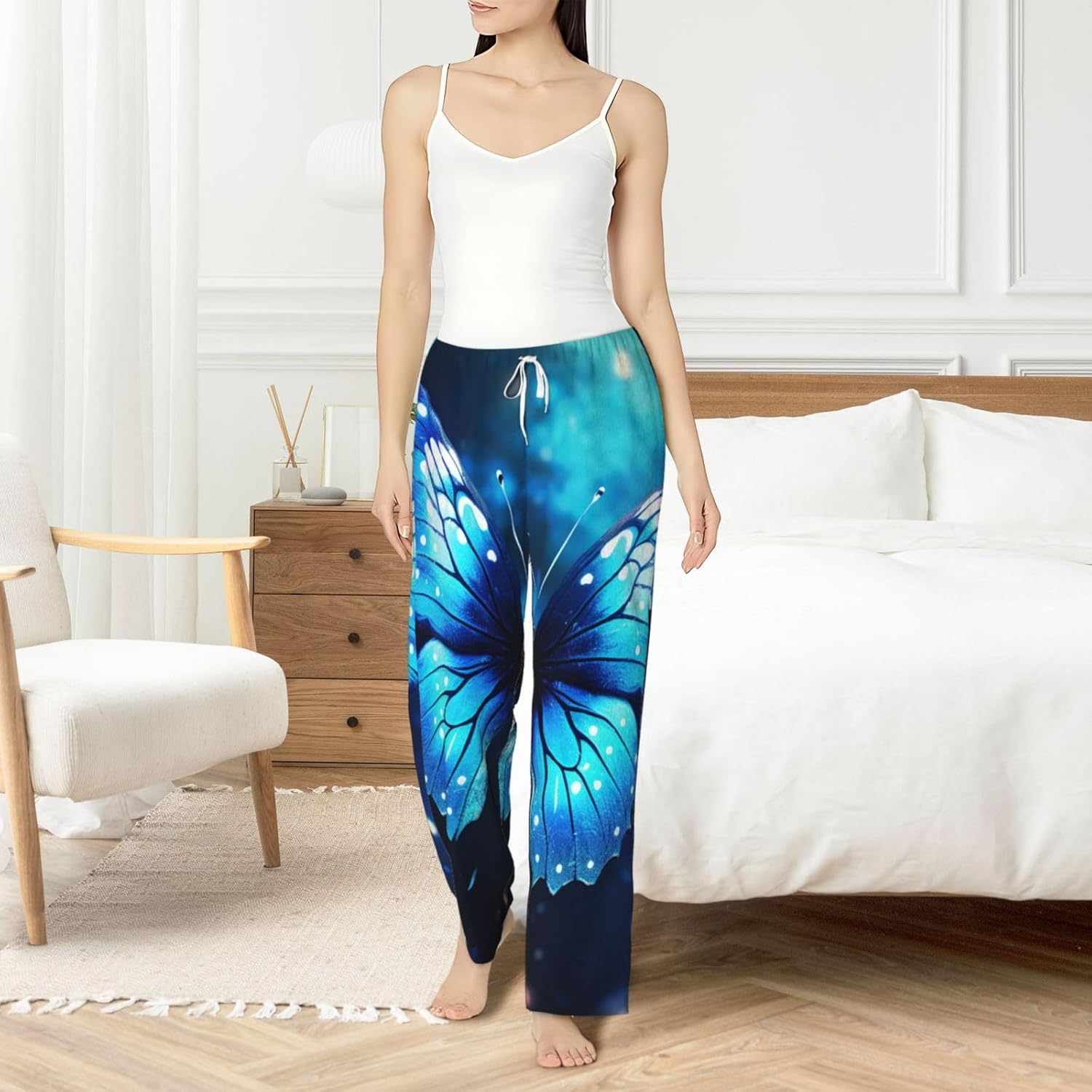 Blue Starry Butterfly Print Fashion Cozy Womens Flannel Pajama Pants,Perfect For Christmas And Everyday Wear