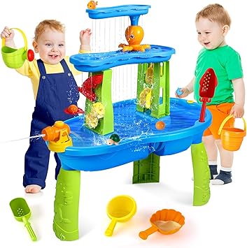 SUPER JOY Water Table for Toddlers 3-5 | 3-Tier Kids Water Table for Outdoors Play | Kids Activity Table Toddler Sand Table with Rain Showers Splash Pond for Boys Girls 3 4 5 6 7 8, Medium, Blue