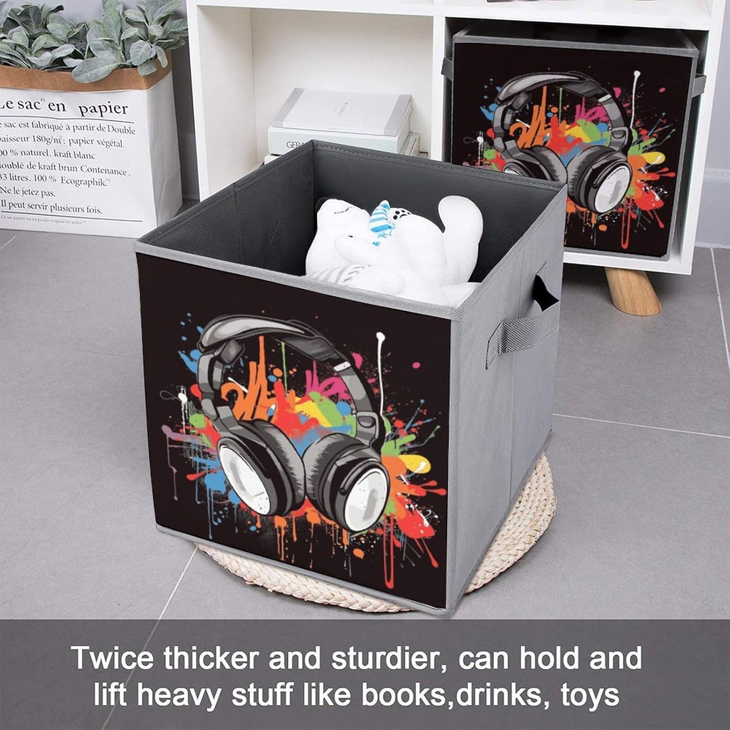 Music Style Storage Cubes Set of 6 Storage Bins with Handles Collapsible Storage Basket Fabric Storage Box for Shelves Large Closet Shelf Organizer for Organization 11 Inch