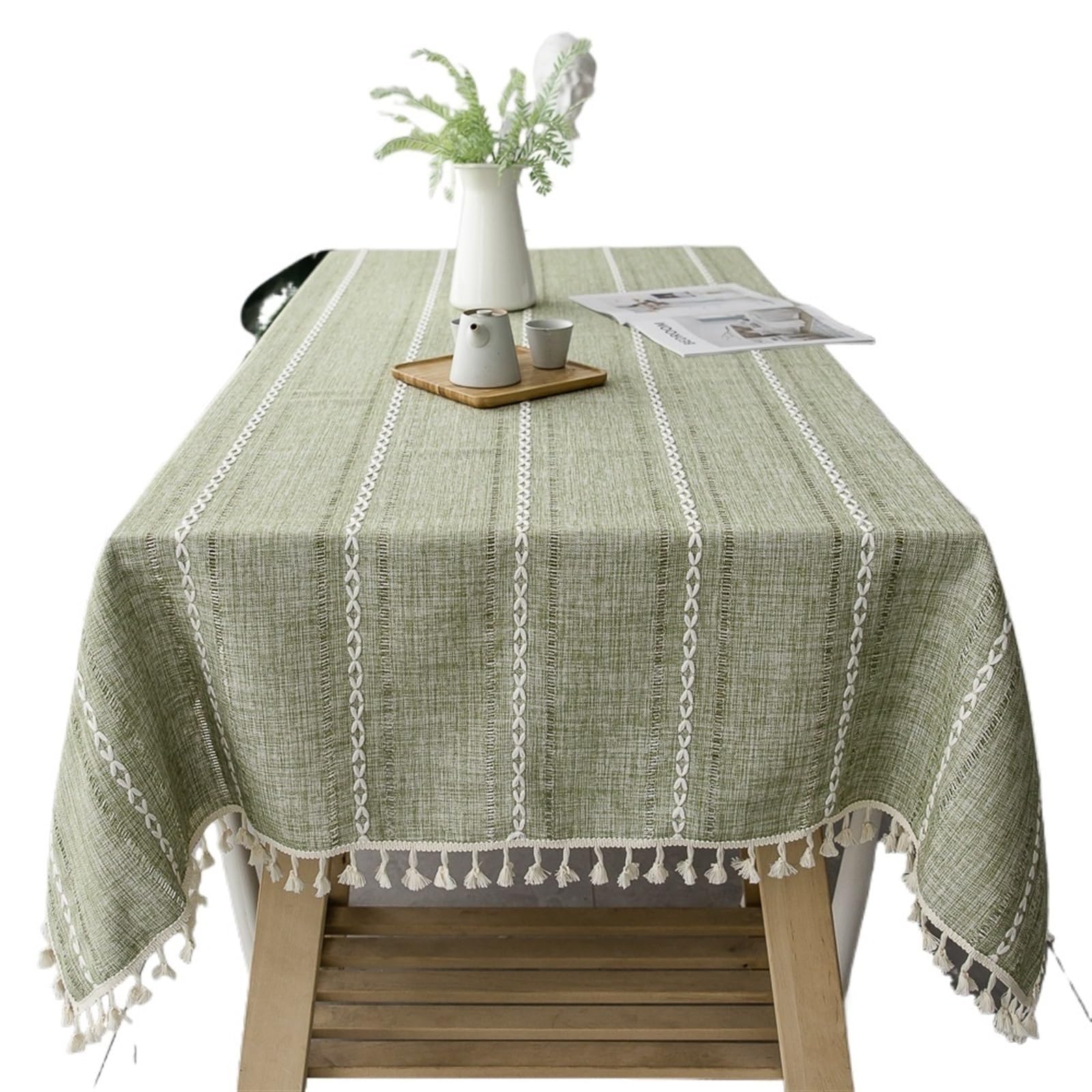 XIUsheUA tablecloth Cotton Linen Stripe Tassel Tablecloth Stain Resistant Dust-Proof Table Cover for Kitchen Dinning Tabletop Decoration Rectangular(Green,100x160cm)