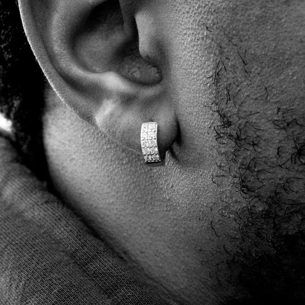 Two Row Iced Shiny 5A Cz Trendy Classic White Gold Plated 925 Sterling Silver Post Unisex Ice Out 12mm Hoops Hypoallergenic Huggie Hoop Earrings For Men Women Jewelry - Image 6