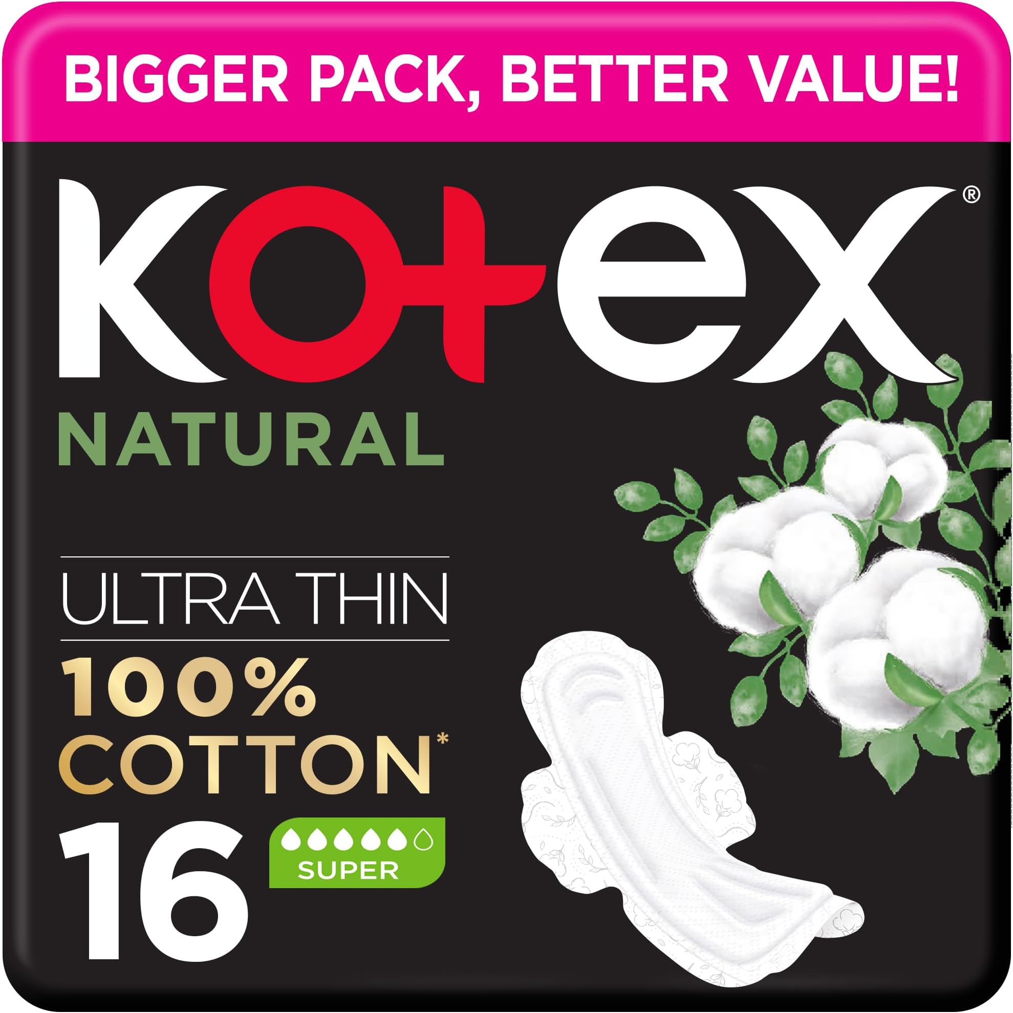 Kotex Natural Ultra Thin Pads, 100% Cotton Pad, Super Size Sanitary Pads with Wings, 16 Sanitary Pads
