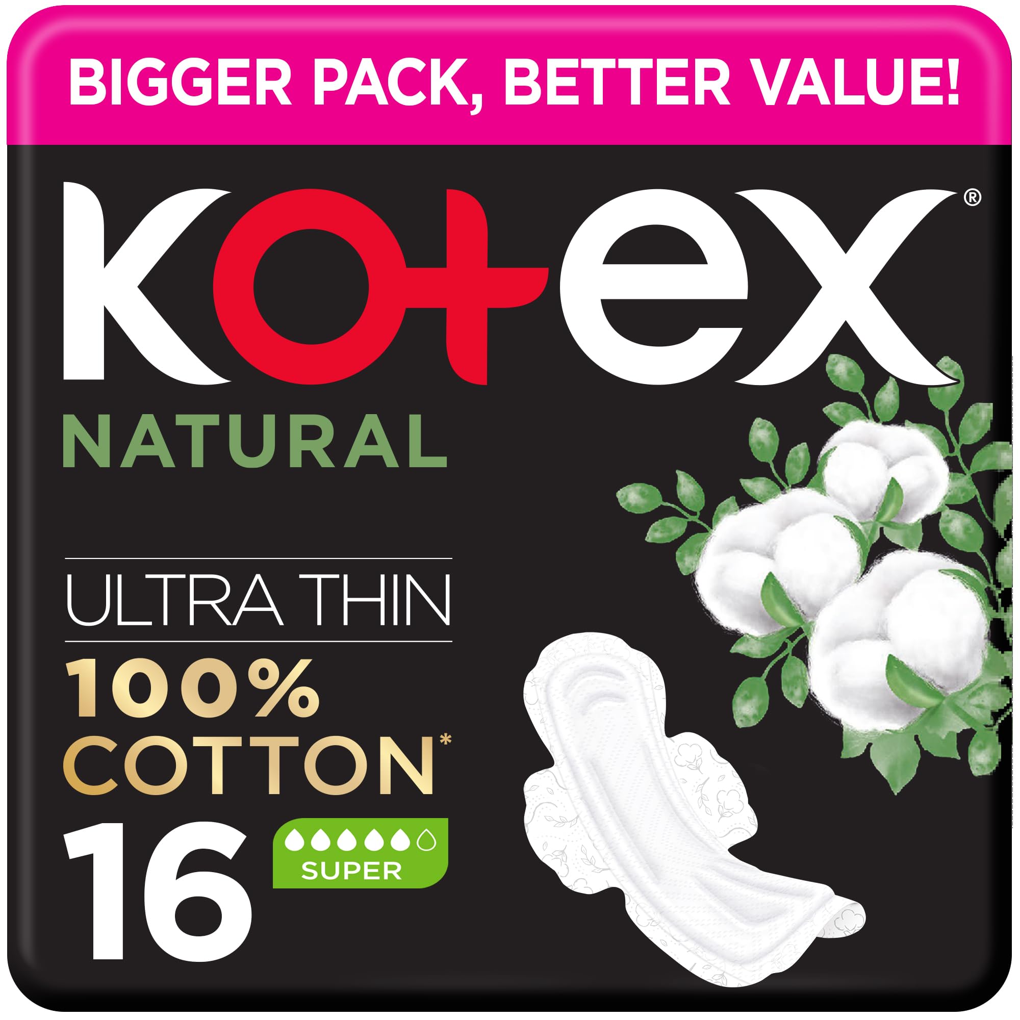 Kotex Natural Ultra Thin Pads, 100% Cotton Pad, Super Size Sanitary Pads with Wings, 16 Sanitary Pads