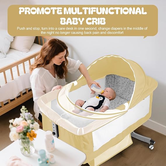 Baby Bedside Sleeper Bassinet with Changing Table & Mosquito Net, 39.4x23.6in, Portable, 6-Height Adjustable31-35, 4-in-1 Iron Frame, Silent Wheels & Brakes, Breathable Mesh, Khaki, 0-24 Months