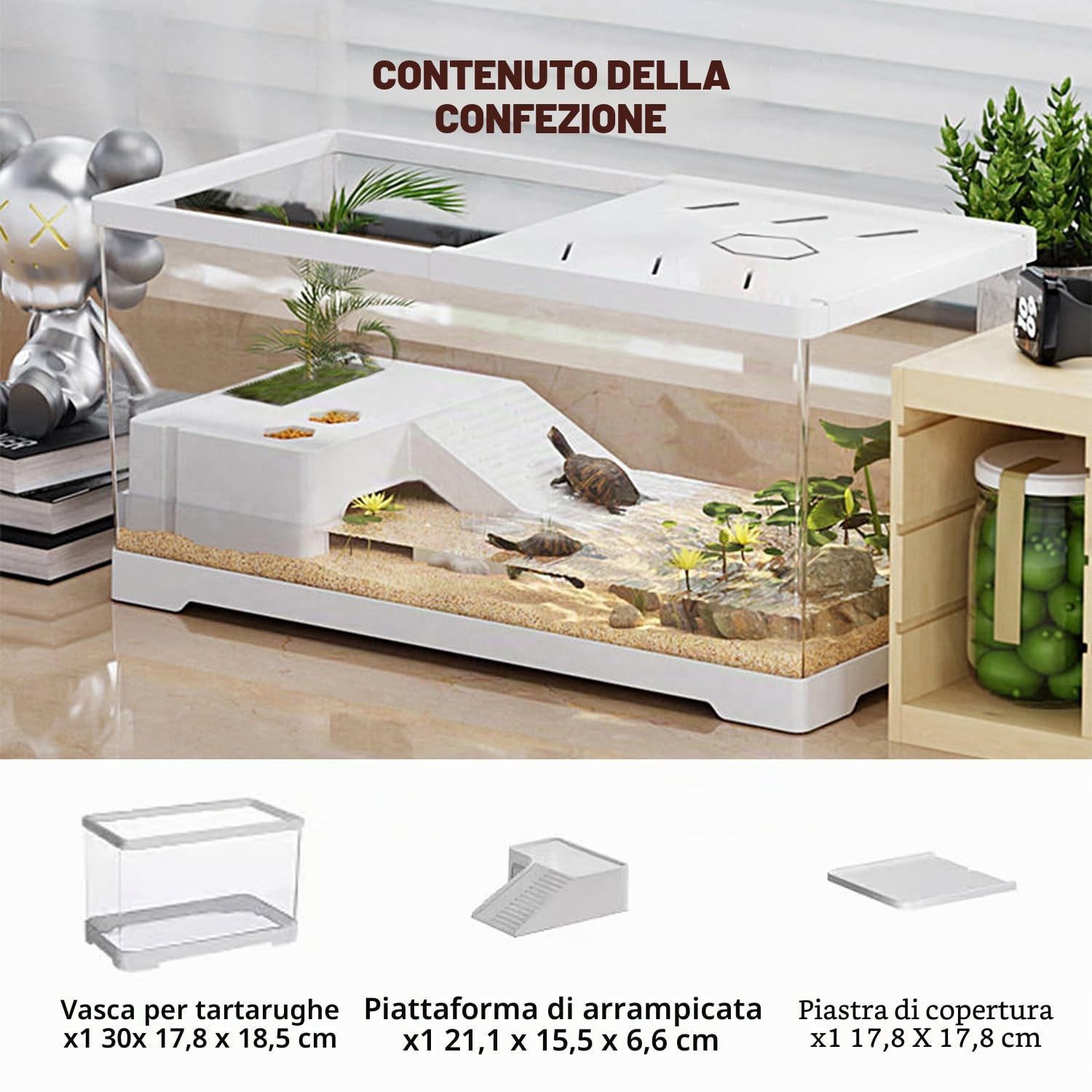 Acquario per tartarughe con drenaggio sul fondo,30 x 18 x 18,5 cm, per tartarughe giovani, gamberi di fiume, granchi, anfibi e rettili