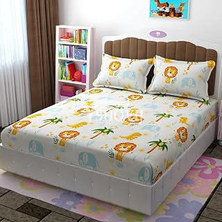 Glace Cotton King Size Elastic Fitted Bedsheet for Double Bed (72 x 78 x 8 Inches) fits Upto 8 inch Mattress, for Kids with 2 Pillow Covers - Multi Animal