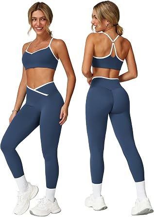 ABOCIW Workout Sets for Women 2 Piece Color Block Strappy Sports Bra High Waist Leggings Gym Yoga Pilates Outfits