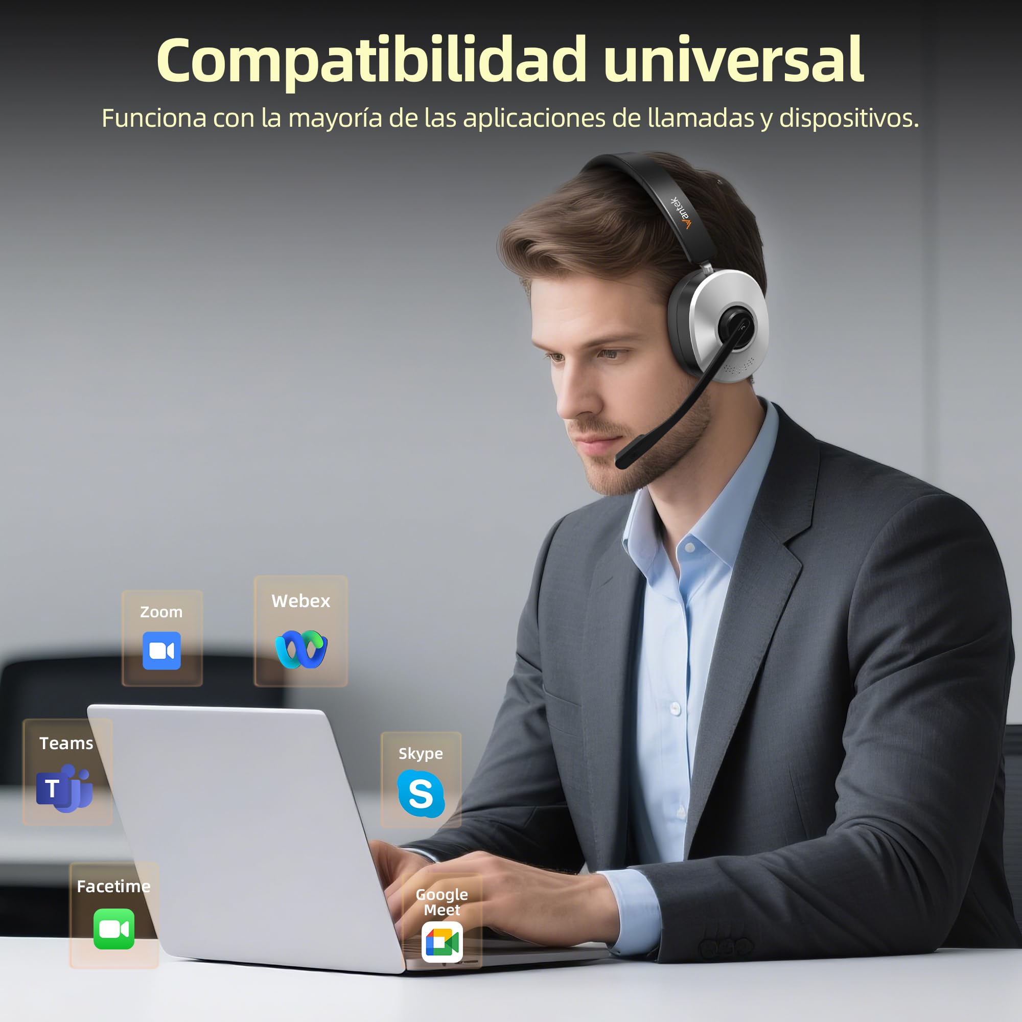 Wantek Auriculares inalámbricos Bluetooth con micrófono, estación de Carga, Dongle USB para PC Oficina Zoom Skype Laptop Centro de Llamadas