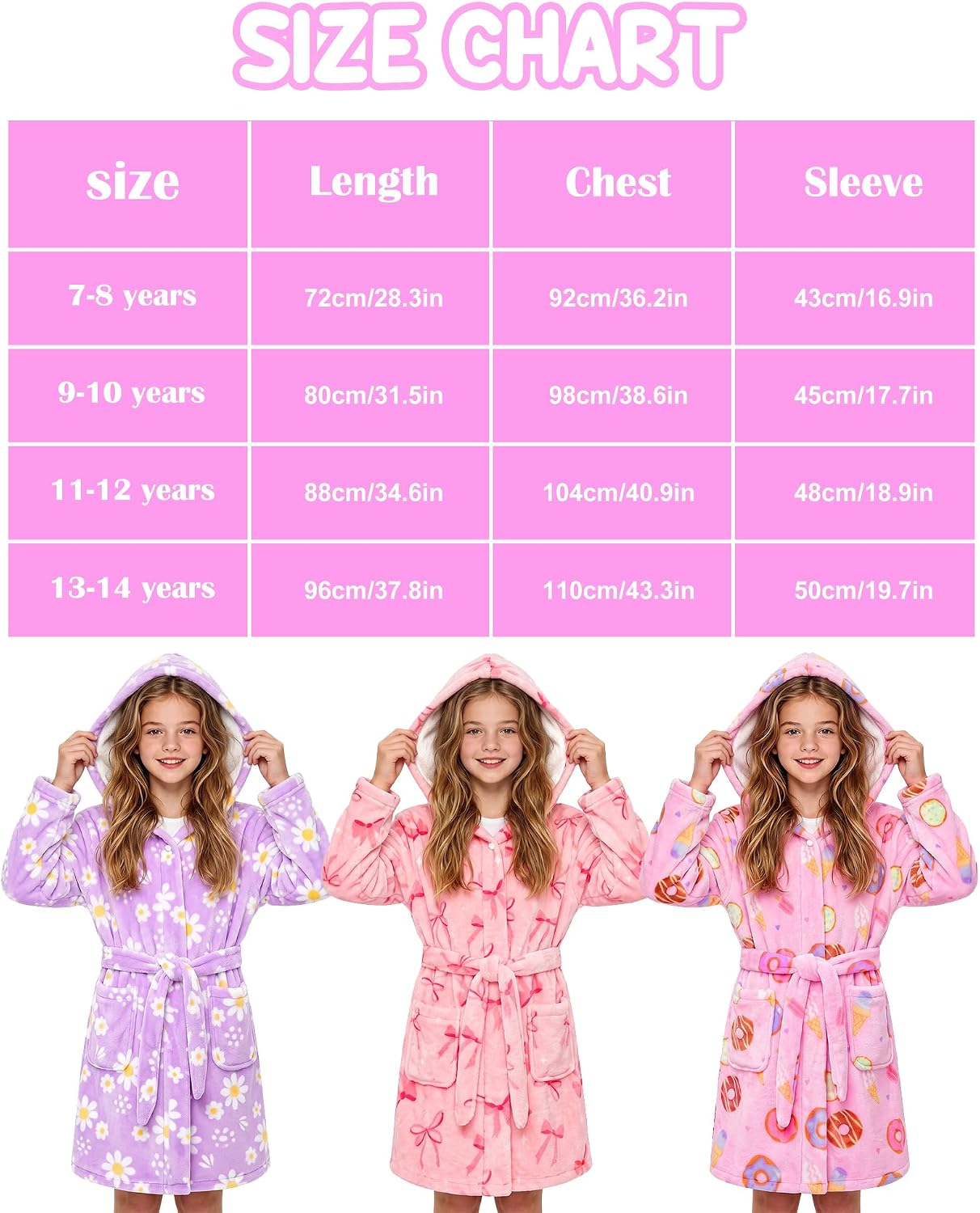 Girls Flannel Hooded Robe Soft Bathrobe Warm Sleepwear Size 7-14 Years