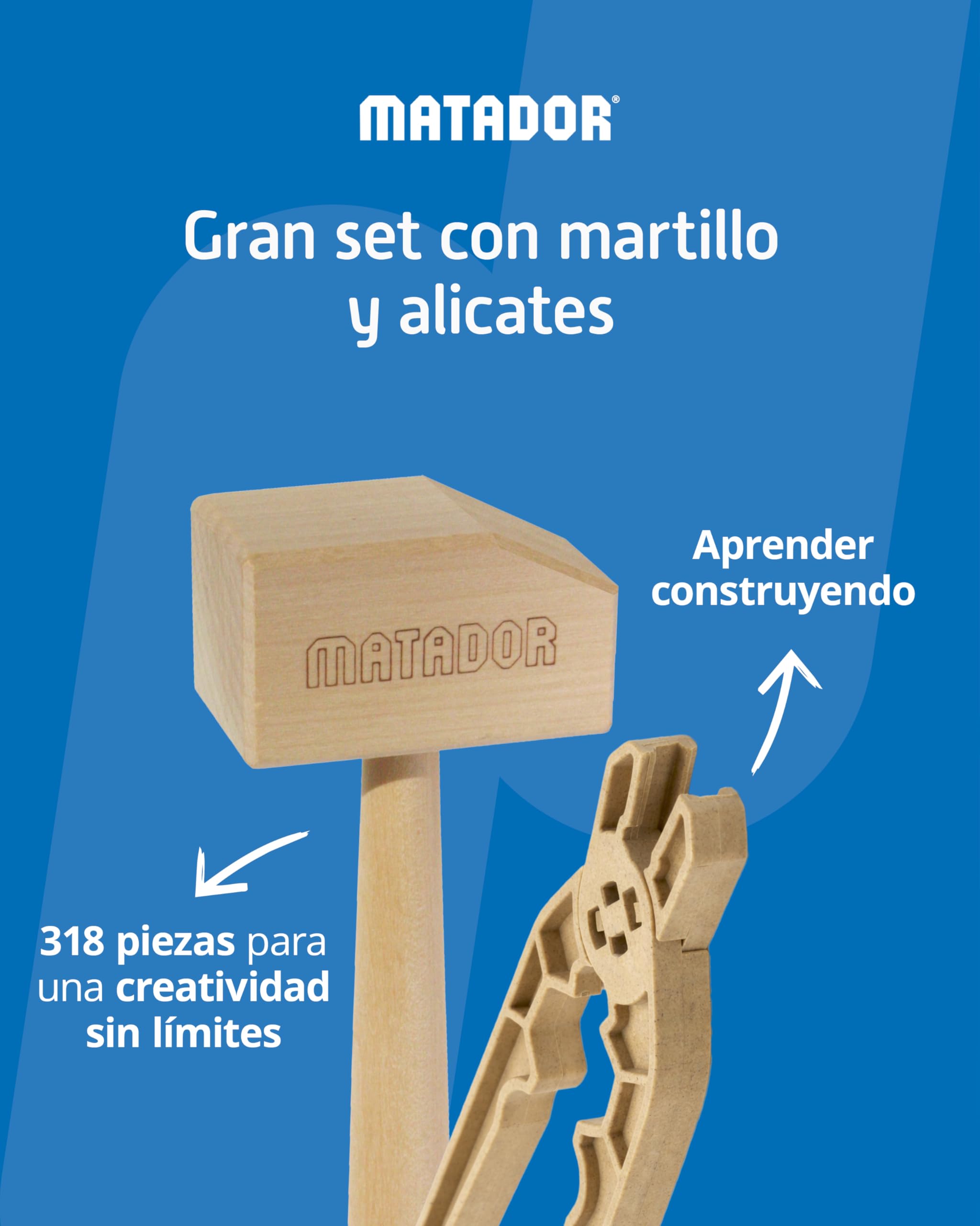 Matador Set de Construcción para Niños Desde 5 Años – 318 Piezas | Juego de construcción en Madera Atractivo para fomentar Creatividad y motricidad Fina, con Varillas, Bloques, Martillo y Pinza