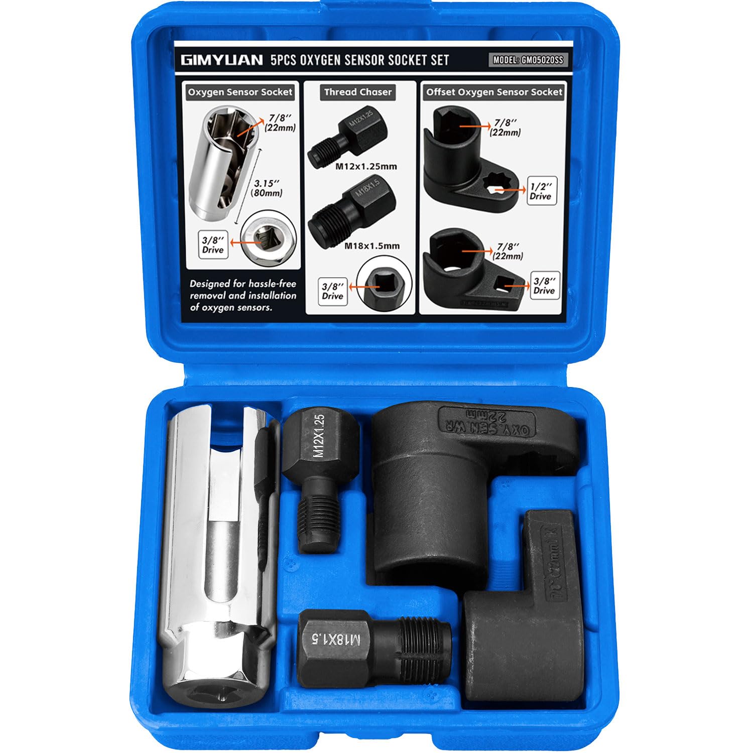 5tlg Lambdasonden Schlüssel Nüsse Set - 22mm Sauerstoffsensor Abzieher & Gewindereparatur Satz