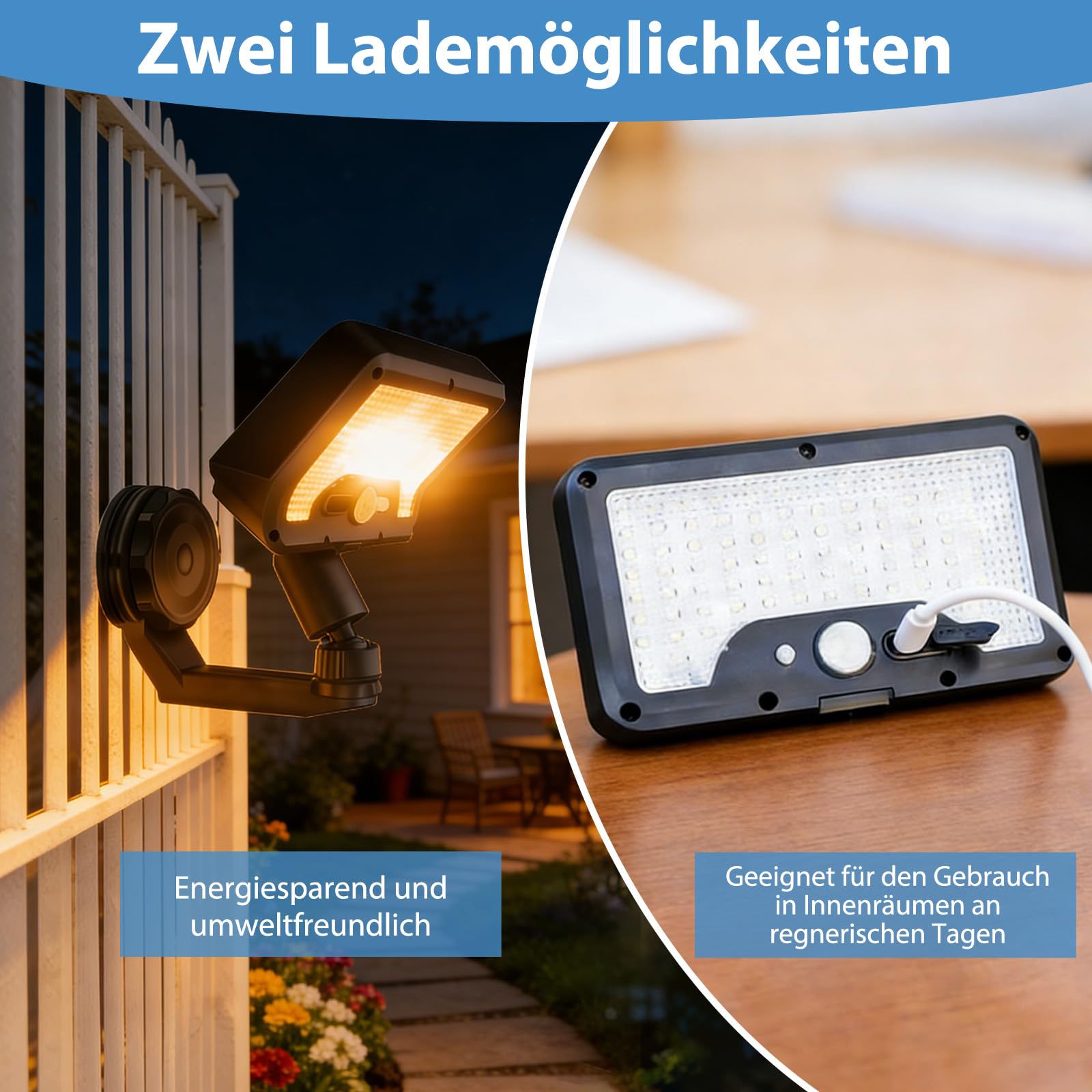 Justup 2 luci solari magnetiche per esterni, con sensore alimentate tramite USB, con supporto girevole a 360° e 3 modalità, luci solari da giardino, per recinzioni, campeggio, giardini