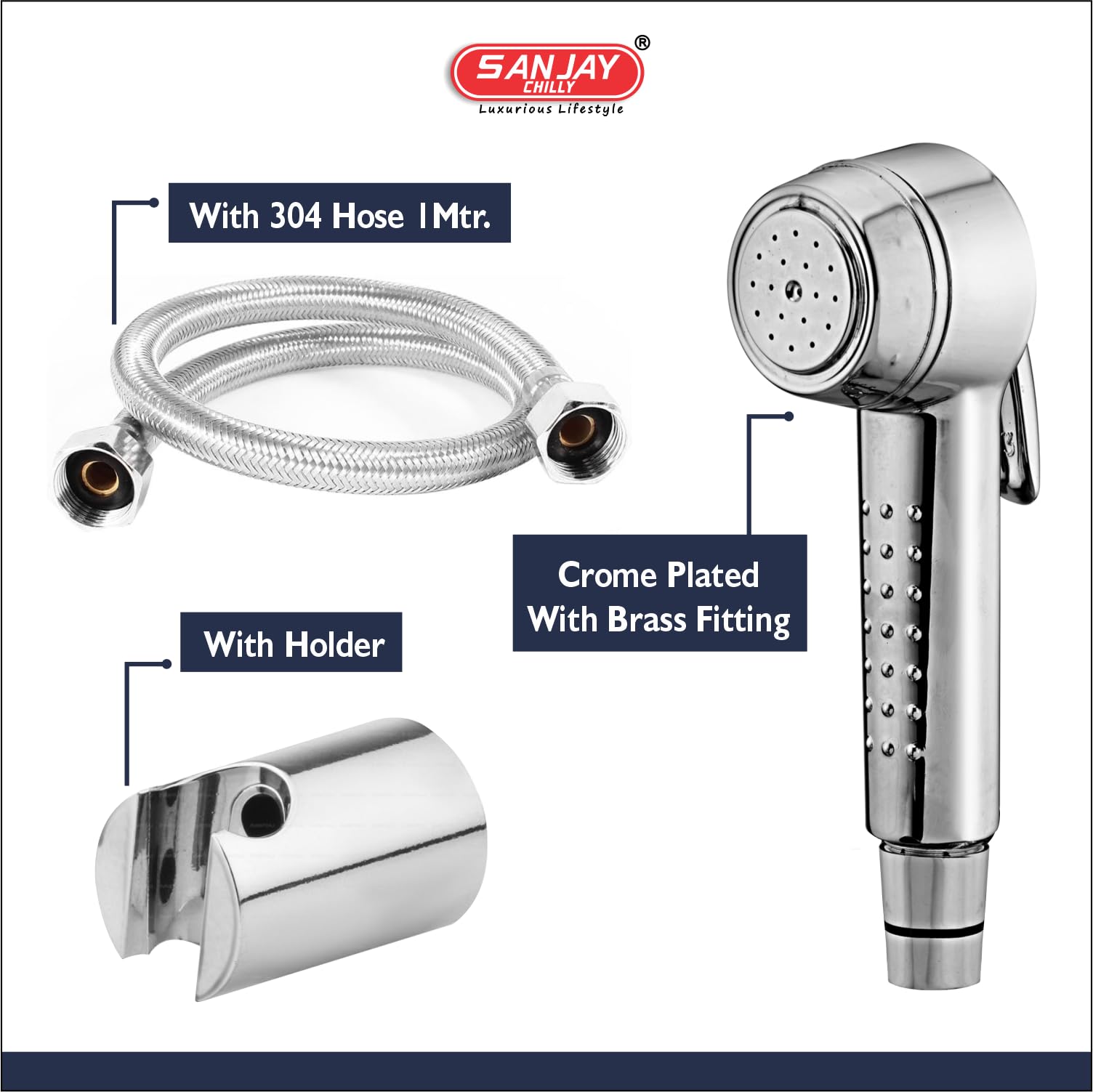 Sanjay Chilly Health Faucet Luxe Jet Spray for Toilet ABS Body Stainless Steel High Pressure Water for Bathroom 1.25 Meter Flexible Hose Pipe and Wall Hook Chrome Finish 2
