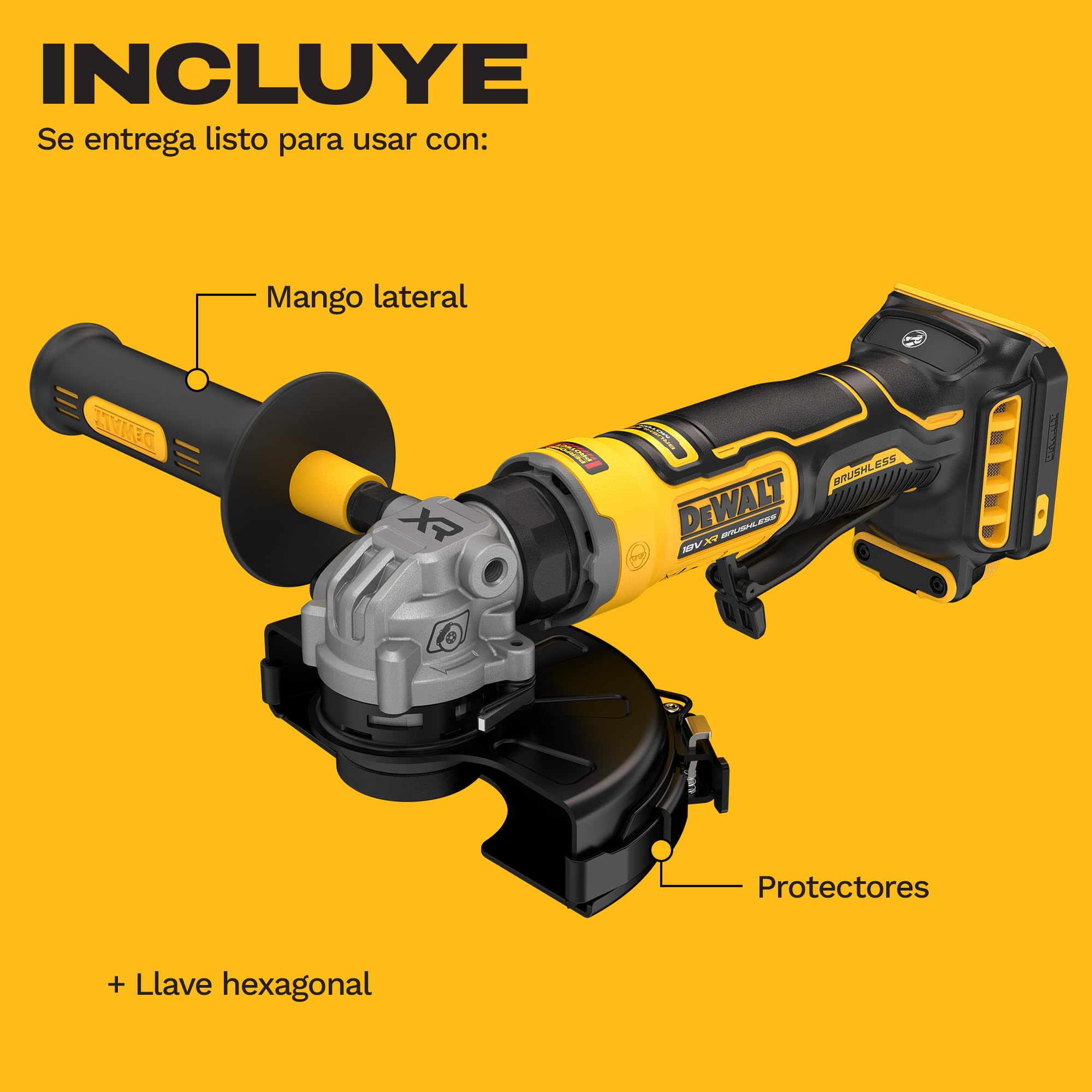 DEWALT Amoladora angular compacta Brushless 125mm 18V XR, DCG404N-XJ | Amoladora angular compacta 125mm 18V XR brushless con freno electrónico, embrague y arranque suave para seguridad.