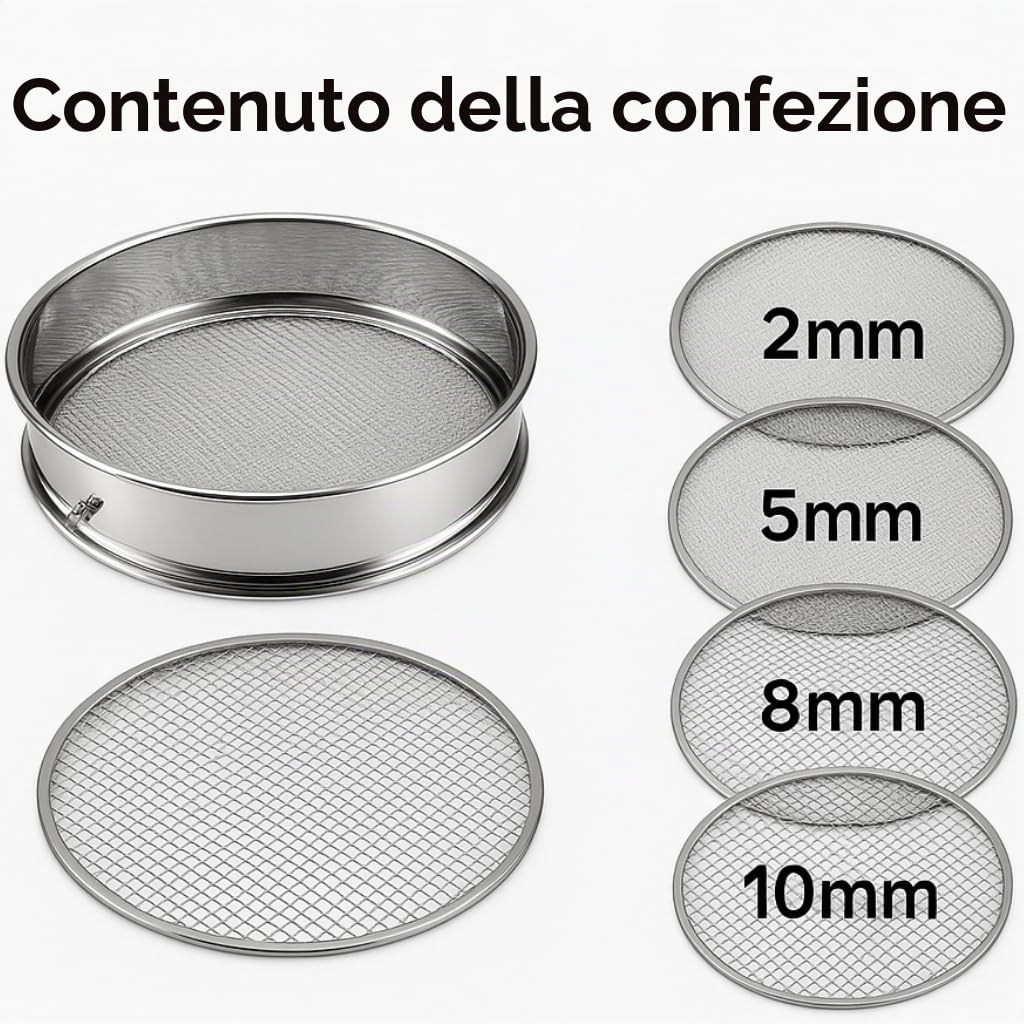 IRSTBL Setaccio da giardino in acciaio inox 304 resistente, con 4 reti intercambiabili (2 mm, 5 mm, 8 mm, 10 mm) per terreno, compost e bonsai, 30 cm