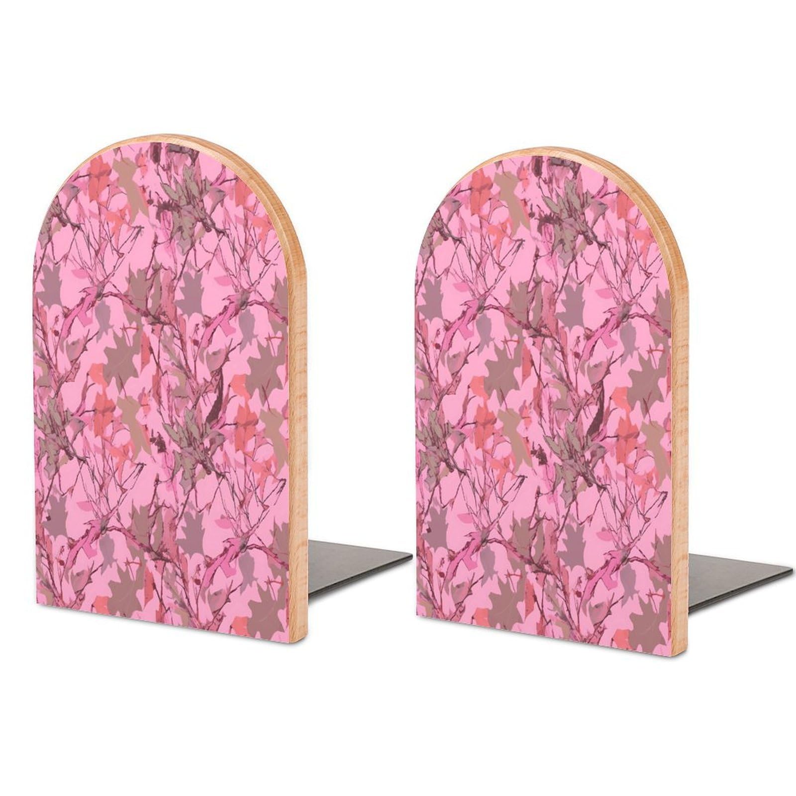 Pink Leaves Camo Bookend Wood Book End for Shelves Heavy Duty Non-Slip Wooden Bookend Support Universal Economy Bookends Fancy Modern Decorative Book Accessories 1 Pairs