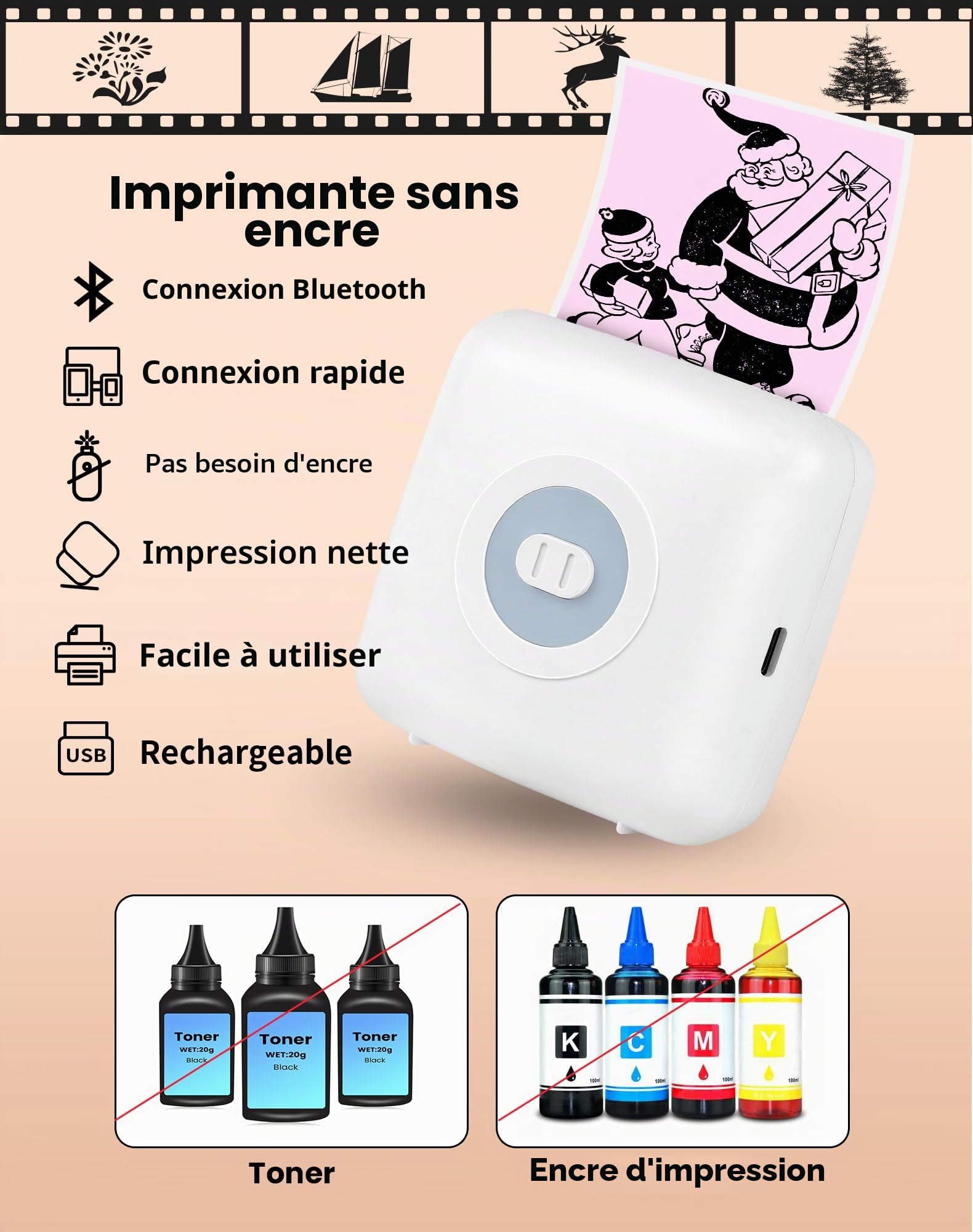 CP3 Mini imprimante, thermique, étiqueteuse Bluetooth de poche, mini imprimante d'étiquettes thermiques pour Noël, compatible avec Android et iOS, blanc