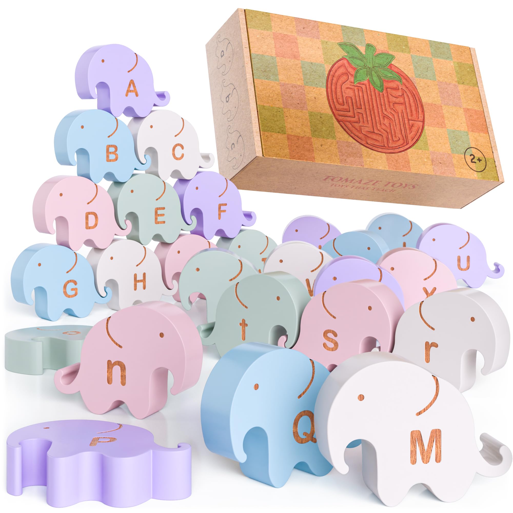 Montessori Natural Wooden Alphabet Elephants - 26-Piece Snap-Together ABC Learning Toy with Upper & Lowercase Letters - Educational Fine Motor Skills & Vocabulary Building for Toddlers & Kids Ages 3+