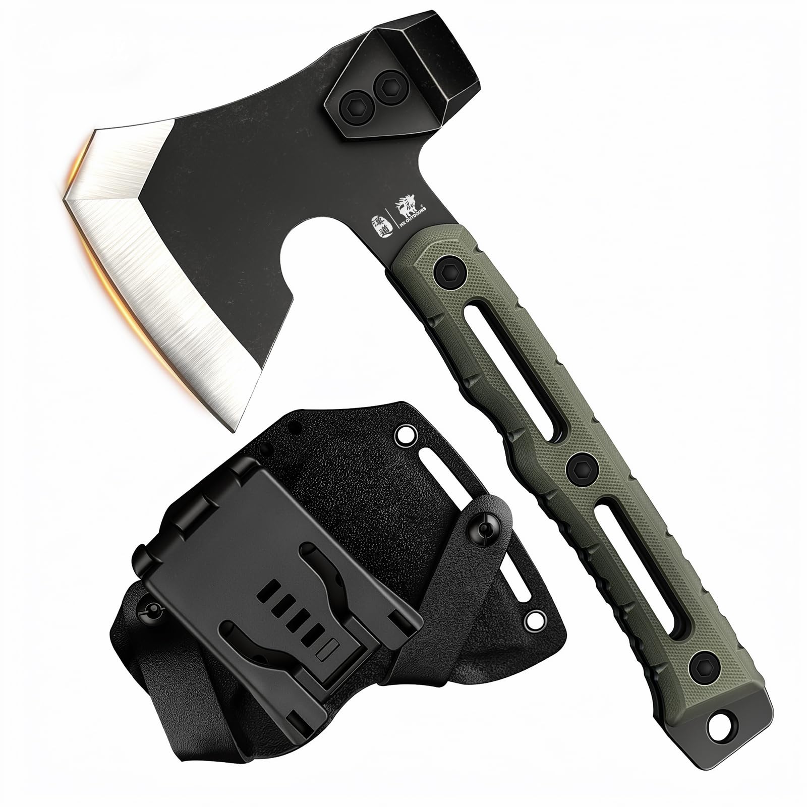 Hacha de Partir Multifuncional, Pequeña Hacha de Supervivencia y Táctica para Camping, Hachas de Mano para Bushcraft con Martillo y Funda de Kydex (Verde Militar)