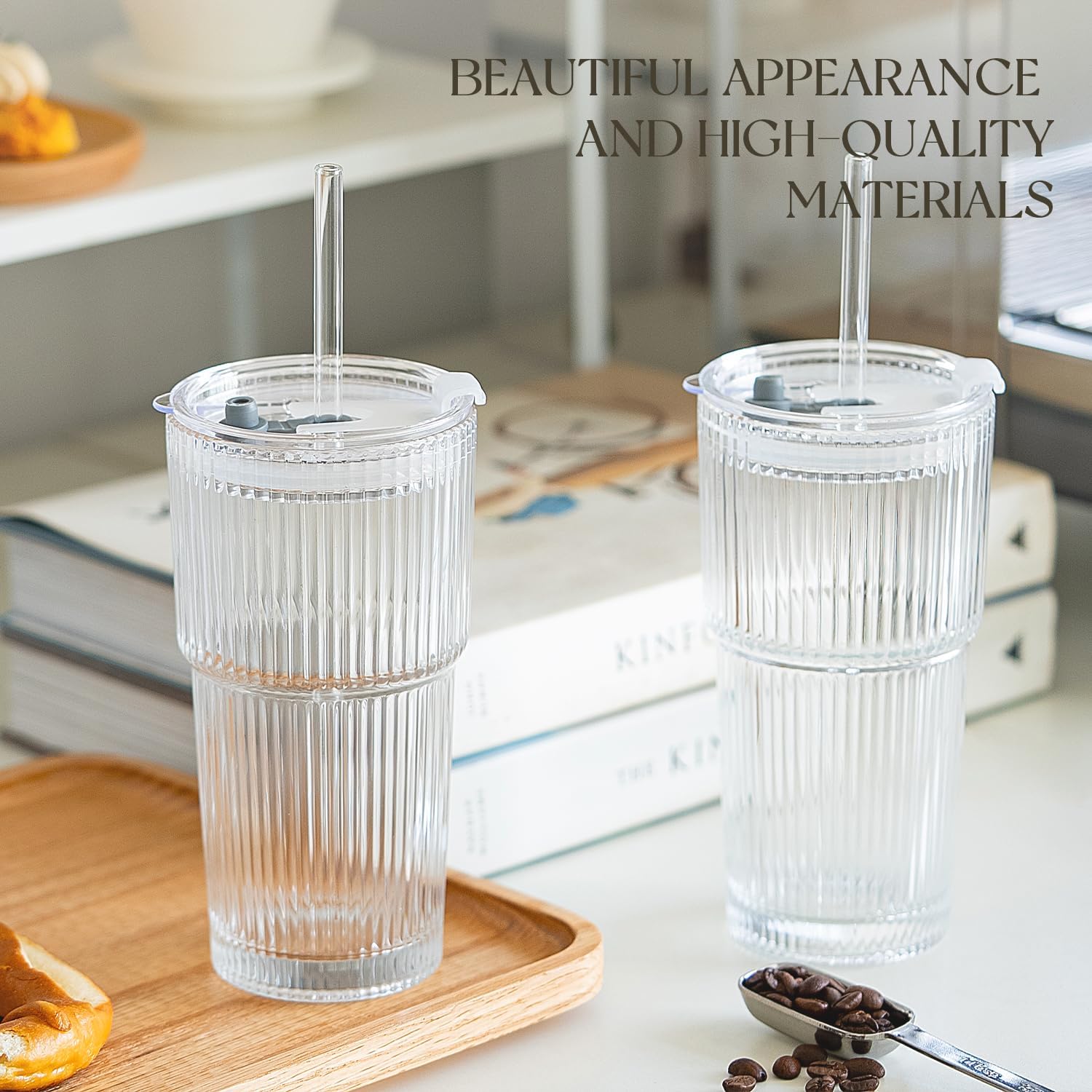 KEMORELA 6-Pack 20 oz Ribbed Glass Tumblers with Lids and Straws – Vintage Iced Coffee Cups, Reusable Smoothie & Cocktail Glasses, Durable Clear Glassware for Home, Cafe & Party Use - Image 6