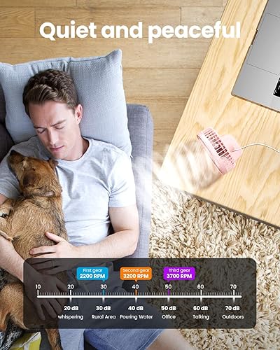 Vista 31 de Gaiatop Ventilador de escritorio USB, pequeño pero potente, portátil, silencioso, 3 velocidades, mini ventilador de escritorio ajustable