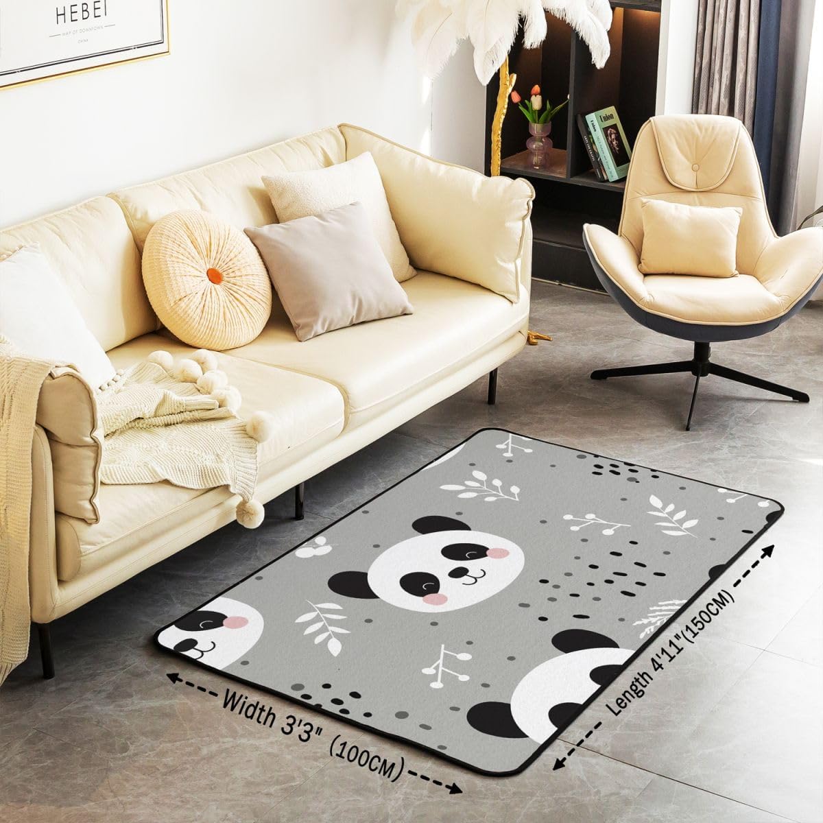 Panda Cute Animal Decorative Carpet Rug for Kids Boys Girls Teens - Cute Cartoon Panda Area Rug 5x7 Black White Grey Indoor Floor Mat