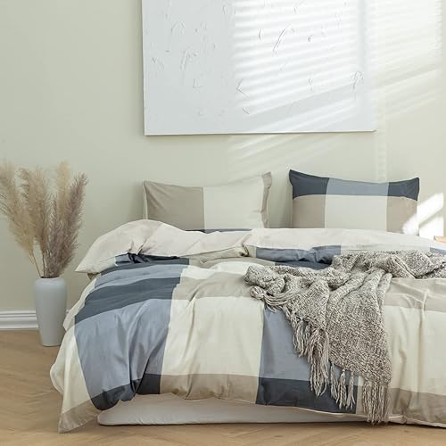 Juego de funda de edredón a cuadros tamaño Queen, 100% algodón, 3 piezas, juego de ropa de cama a cuadros Queen, juego de funda de edredón a cuadros