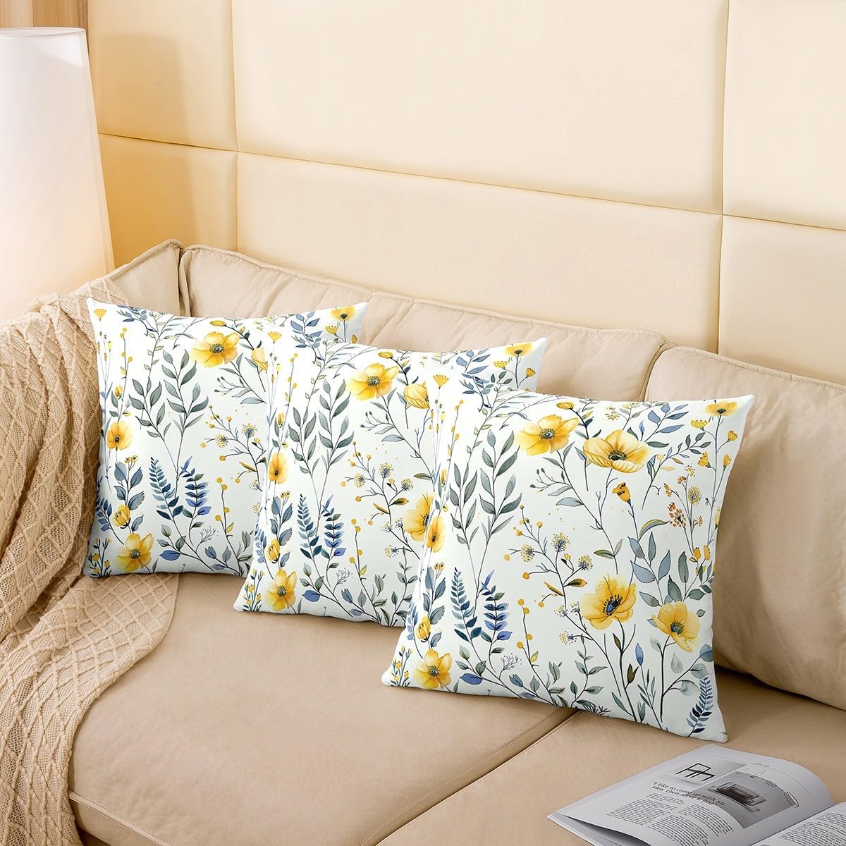 Feelyou Yellow Floral Square Cushion Covers Set of 2, Gift for Women Throw Pillow Covers Garden Flower Pillow Covers Botanical Cushion Covers for Couch Sofa Girls Bedroom Decor 24 x 24-Inch