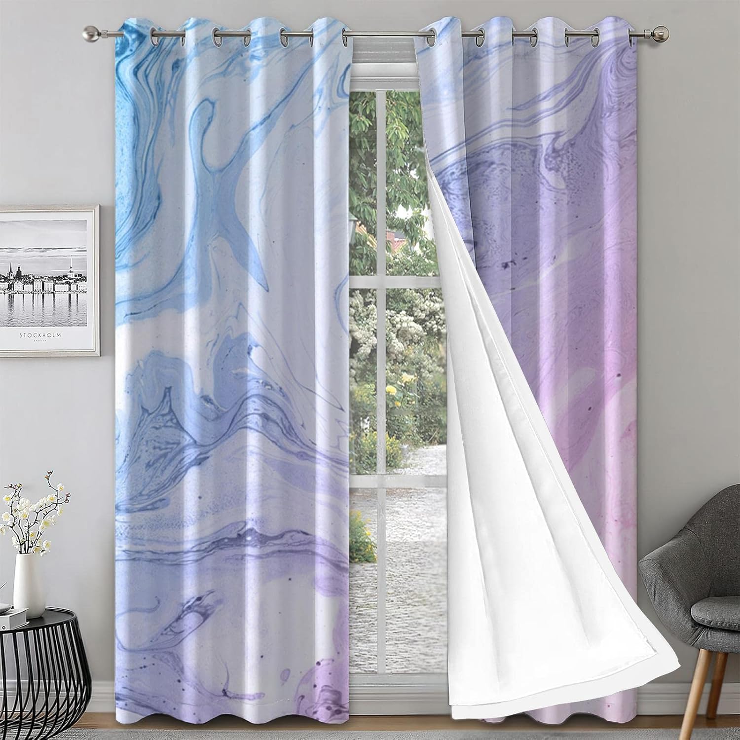 Modern Light Luxury Window Curtains, Nordic Blue Purple Marble Texture Blackout Curtains, Thermal Insulated Privacy Eyelet Drapes for Living Room Kitchen Bedroom 2 Panels (63" W x 72" L)