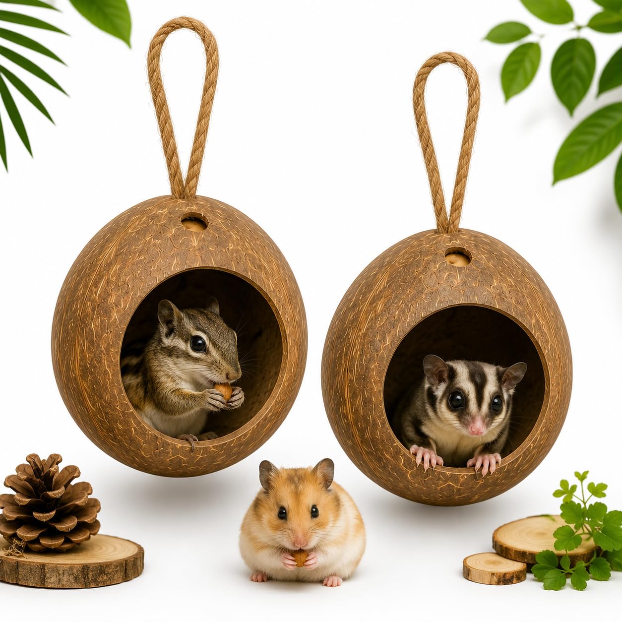 Coconut Shell Hanging Nest House for Hamster, Squirrel & Sugar Glider Pack of 2-image-37