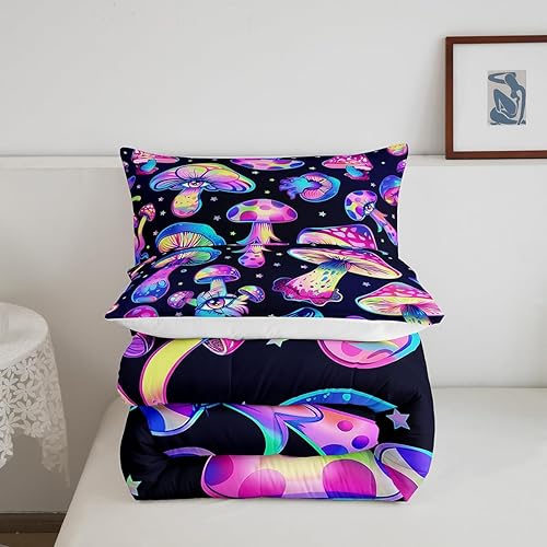 Miniatura 5 de Juego de edredón de hongos, tamaño matrimonial, juego de ropa de cama botánico kawaii trippy psicodélico con plantas psicodélicas para niños, niñas,