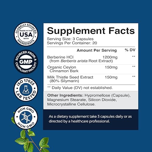 Miniatura 19 de Balancing Berberine Plus 1200mg por porción Complejo – Berberina antioxidante con cápsulas de canela de Ceilán más extracto de cardo mariano