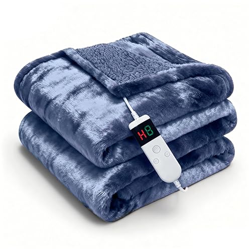 Cushious Electric Heated Blanket Throw 50''x60''Size Faux Fur Heating Blanket 10 Heating Settings, 1-8h Timer & Overheat Protection, Machine Washable, Soft Flannel and Sherpa Full Body Warmth